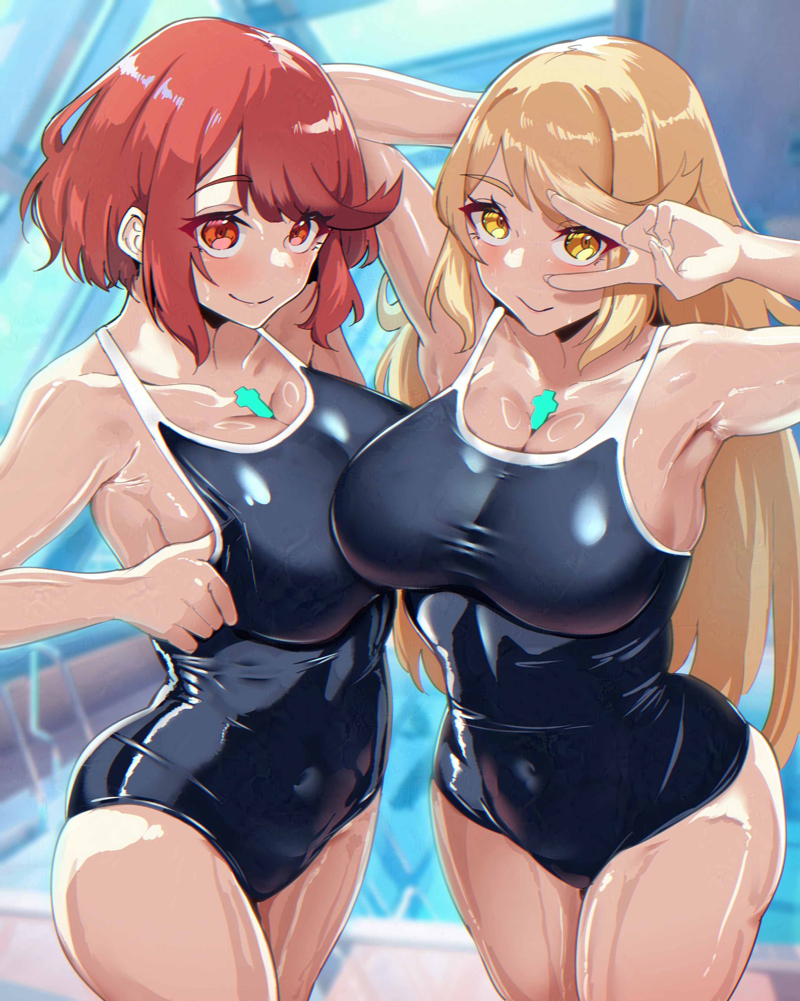 timosan, mythra (xenoblade), pyra (xenoblade), xenoblade chronicles (series), xenoblade chronicles 2, absurdres, highres, 2girls, blonde hair, blue one-piece swimsuit, breasts, chest jewel, competition school swimsuit, core crystal (xenoblade), covered navel, large breasts, multiple girls, one-piece swimsuit, red eyes, red hair, rei no pool, school swimsuit, short hair, swimsuit, v, v over eye, yellow eyes