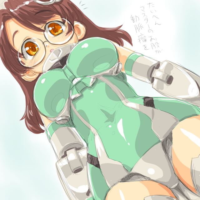 dd (ijigendd), bright feather (busou shinki), busou shinki, crotch, bad id, bad pixiv id, translated, 10s, 1girl, :o, ^^^, blush, breasts, brightfeather, brown hair, covered navel, cowboy shot, doll joints, dutch angle, elbow gloves, female focus, from below, glasses, gloves, hair ornament, hat, hip focus, joints, large breasts, leotard, long hair, looking at viewer, looking down, open mouth, orange eyes, rimless eyewear, solo, thighhighs