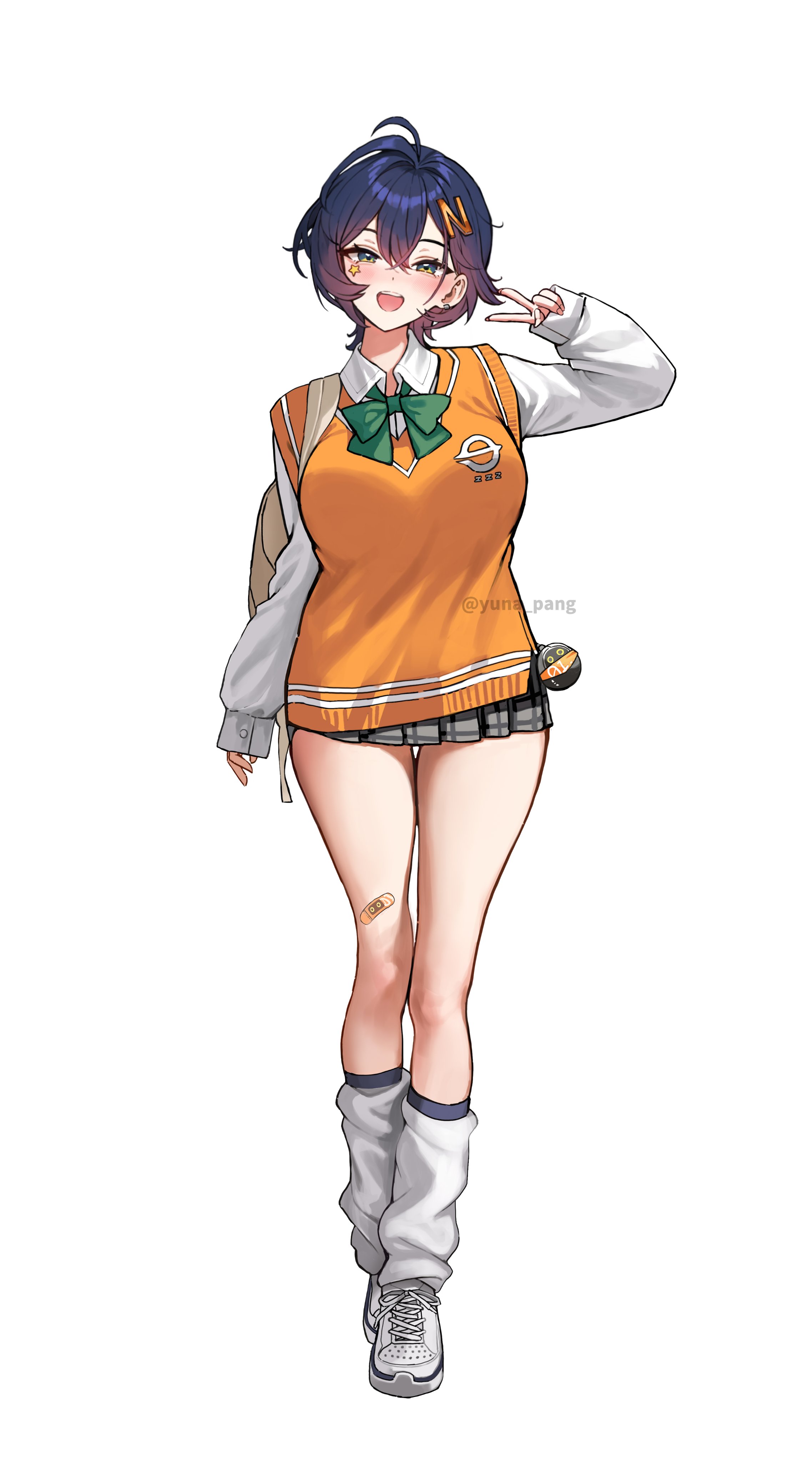 yuna (deadawon), belle (zenless zone zero), zenless zone zero, absurdres, highres, revision, 1girl, ahoge, alternate costume, backpack, bag, bandage on knee, blue hair, bow, bowtie, breasts, facial mark, full body, green bow, green bowtie, hair ornament, kneehighs, large breasts, letter hair ornament, long sleeves, looking at viewer, loose socks, open mouth, orange sweater vest, school uniform, shirt, shoes, short hair, simple background, socks, solo, standing, star (symbol), star facial mark, sweater vest, thigh gap, thighs, v, vest, white background, white shirt, white shoes, white socks
