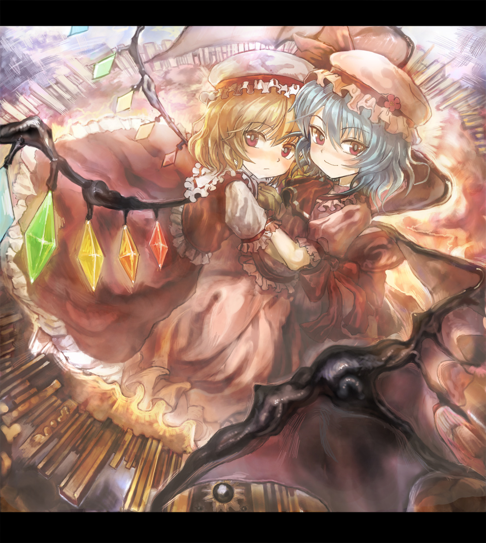 asuka shirou, flandre scarlet, remilia scarlet, touhou, 2girls, album cover, blonde hair, blue hair, blush, cover, female focus, hat, hug, letterboxed, multiple girls, short hair, siblings, sisters, smile, wings