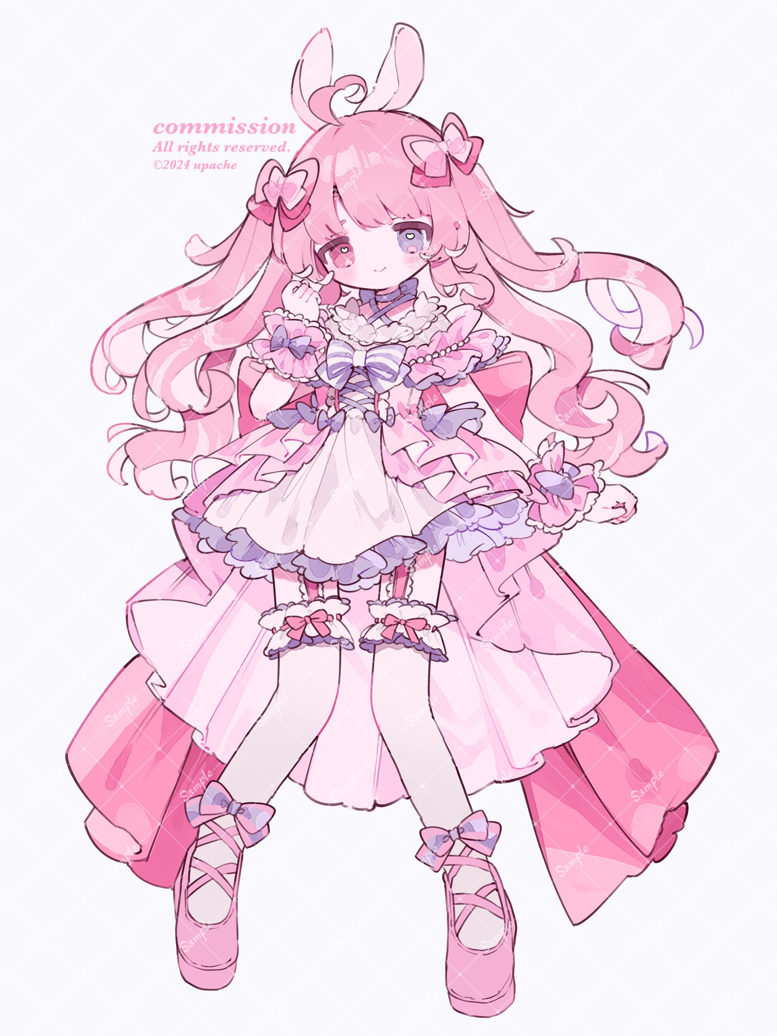 upa papa co, original, commentary, commission, highres, 1girl, ahoge, animal ears, artist name, back bow, blue bow, blue bowtie, blue choker, blush, bow, bow choker, bow legwear, bowtie, choker, closed mouth, dress, footwear bow, frilled dress, frilled thighhighs, frills, full body, grey eyes, hair bow, hand up, heart, heart ahoge, heterochromia, long hair, looking at viewer, pink bow, pink hair, pink shoes, rabbit ears, rabbit girl, red eyes, sample watermark, shoes, simple background, smile, solo, standing, striped bow, striped bowtie, striped clothes, thighhighs, two side up, watermark, watermark grid, white background, white dress, white thighhighs, wrist cuffs