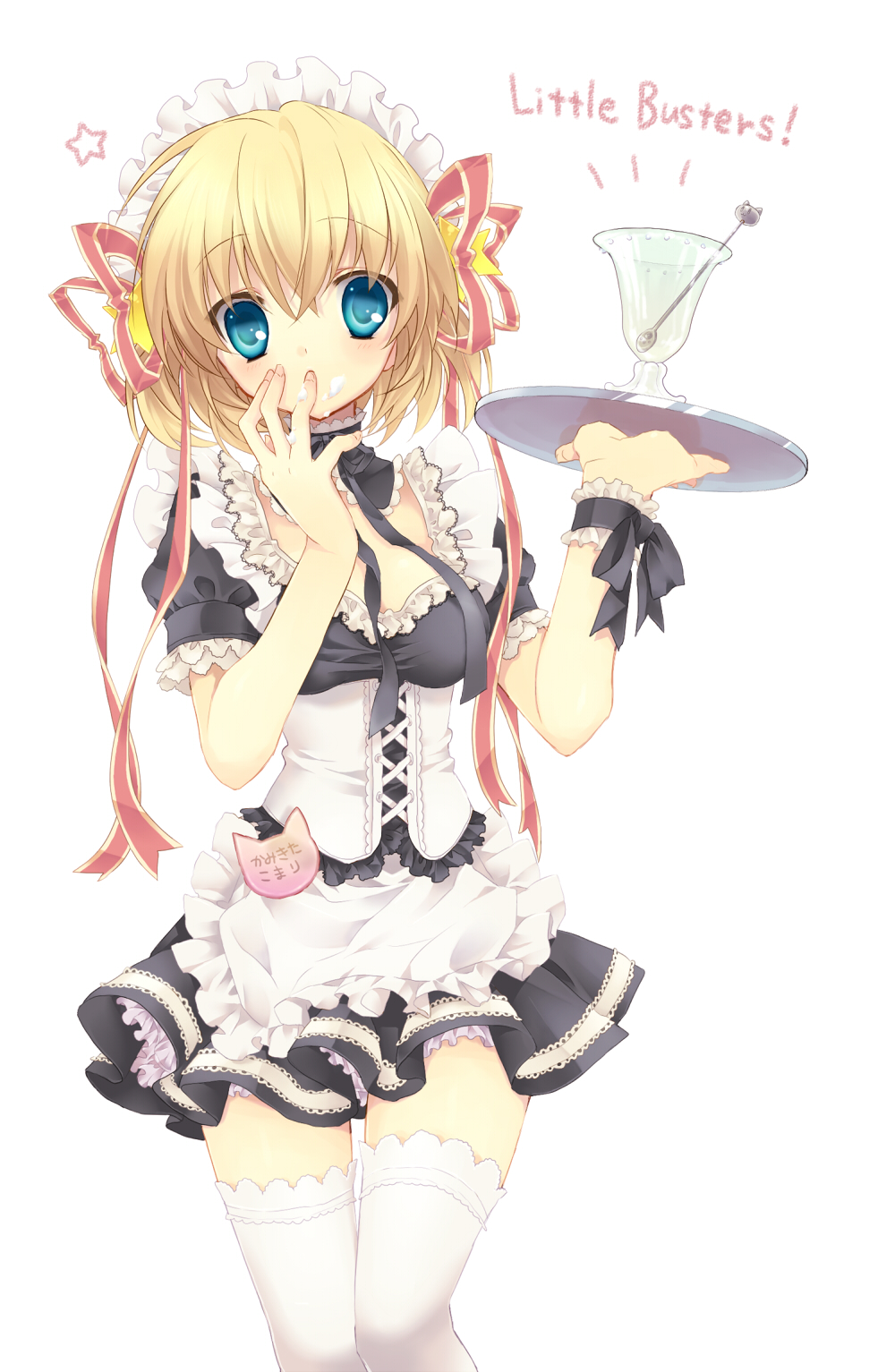 sacraneco, kamikita komari, little busters!, bad id, bad pixiv id, highres, 1girl, apron, choker, copyright name, cream, female focus, food, food on face, frills, hair ribbon, licking, licking finger, maid, maid apron, maid headdress, name tag, ribbon, solo, thighhighs, tray, waitress