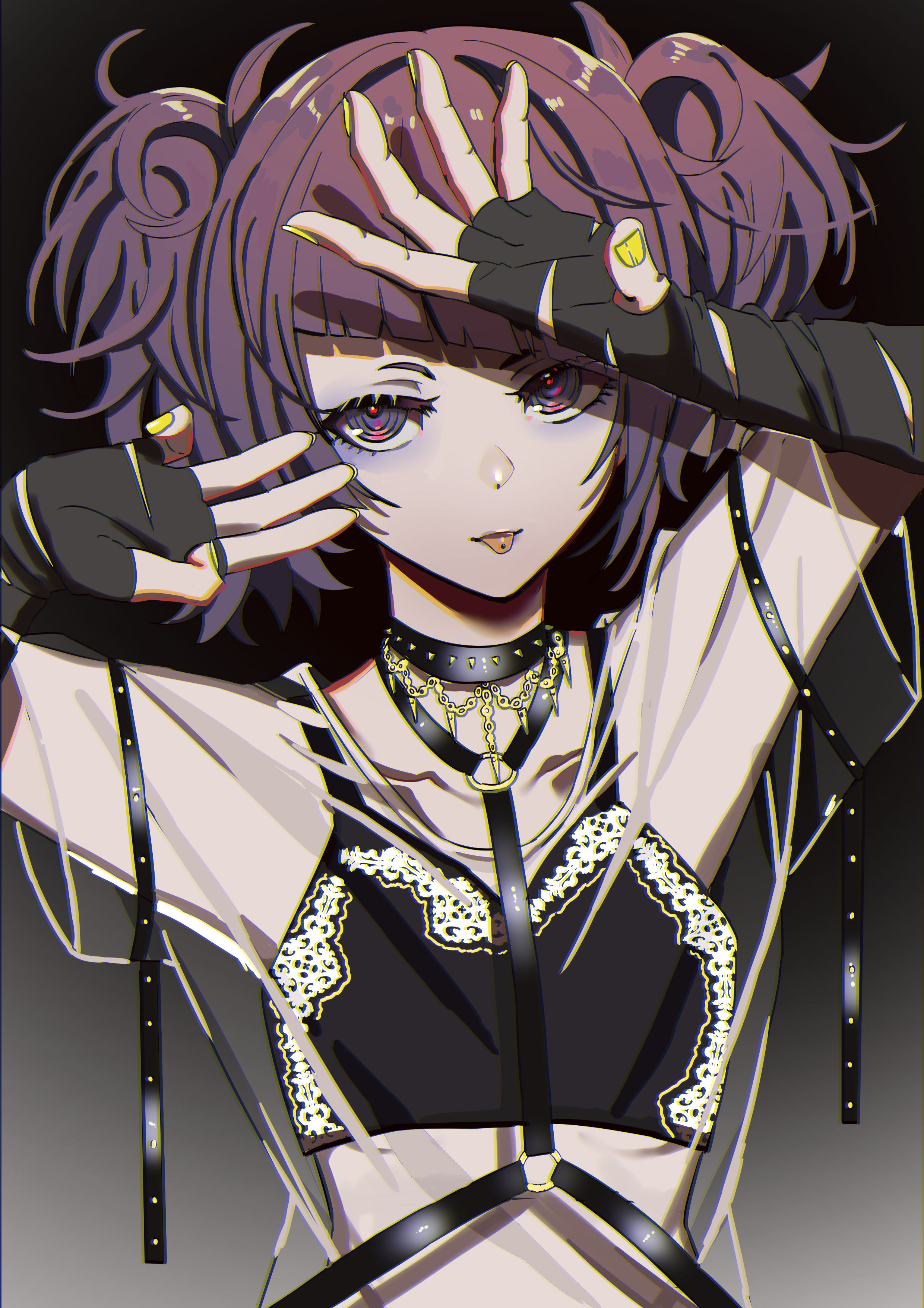 mek number, tanaka mamimi, idolmaster, idolmaster shiny colors, absurdres, commentary request, highres, 1girl, black choker, black gloves, blunt bangs, choker, eyelashes, fingerless gloves, fingernails, gloves, gradient background, nail polish, piercing, purple eyes, purple hair, solo, tongue, tongue out, tongue piercing, torn clothes, torn gloves, twintails, upper body, yellow nails