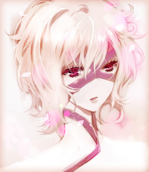 mami (apsaras), takenaka hanbee (sengoku basara), sengoku basara, bad id, bad pixiv id, 00s, 1boy, curly hair, male focus, mask, pink eyes, short hair, solo, white hair