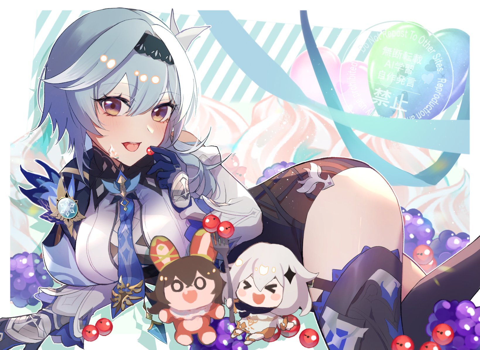 3sat0, baron bunny (genshin impact), eula (genshin impact), paimon (genshin impact), genshin impact, highres, > <, 2girls, :d, ass, balloon, blue gloves, blue hair, boots, breasts, chibi, food, food on face, gloves, grey hair, hair ornament, high-waist shorts, holding, holding food, large breasts, looking at viewer, lying, medium hair, multiple girls, on side, open mouth, purple eyes, shorts, smile, solo focus, thigh boots, tongue, tongue out, vision (genshin impact), wide sleeves