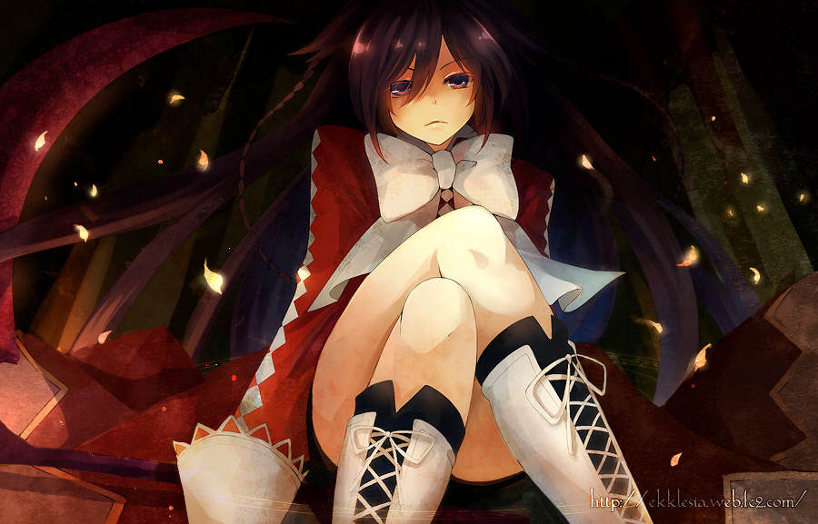 dhiea, alice (pandora hearts), pandora hearts, bad id, bad pixiv id, 00s, 1girl, boots, brown hair, crossed legs, female focus, long hair, purple eyes, ribbon, scythe, sitting, solo, very long hair