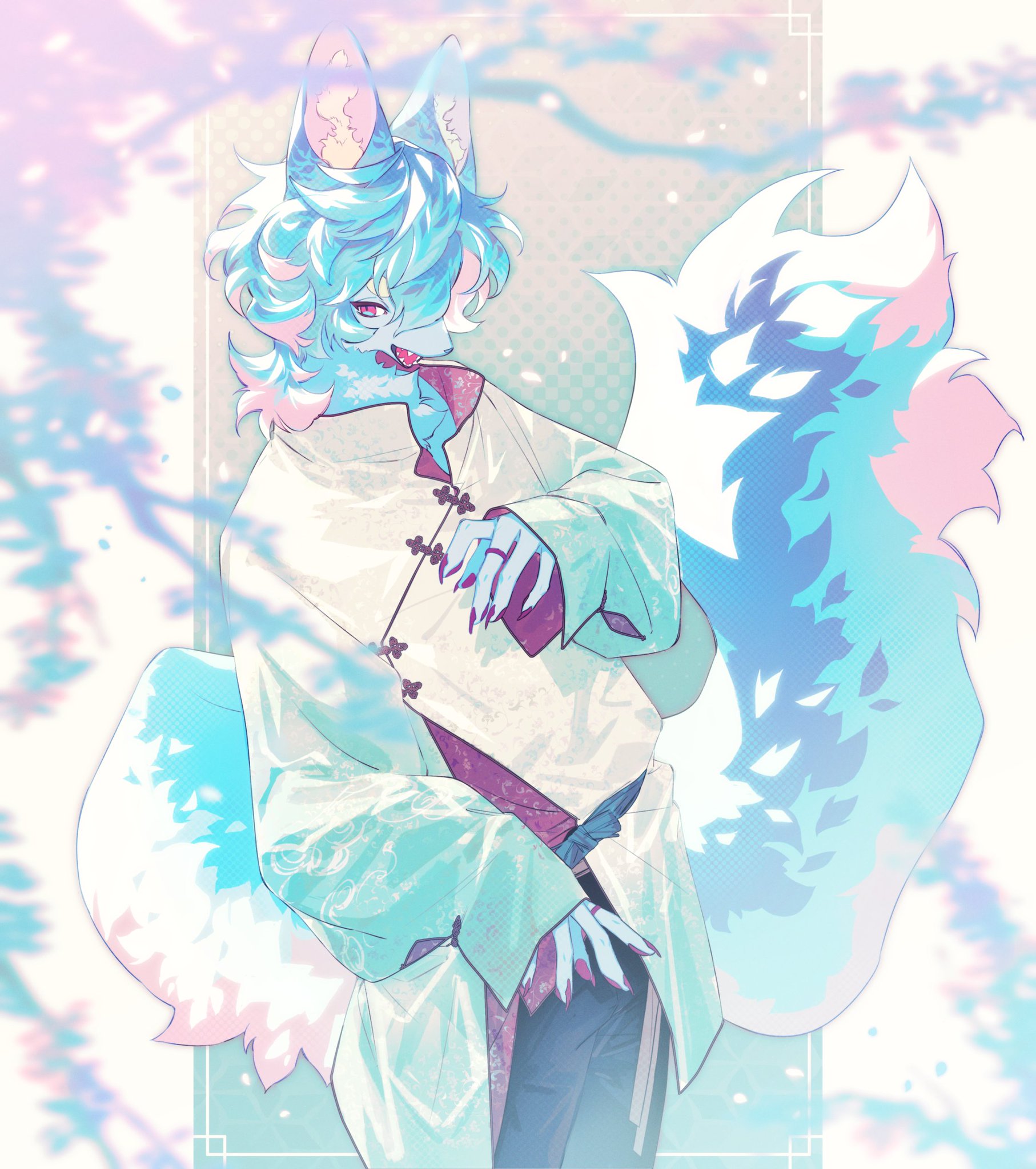 fuji 166, original, commentary, highres, symbol-only commentary, 1boy, blue fur, blue hair, body fur, claws, coat, cowboy shot, fox boy, halftone, halftone background, jewelry, long sleeves, looking at viewer, male focus, multiple rings, pink eyes, ring, solo, tail, white coat