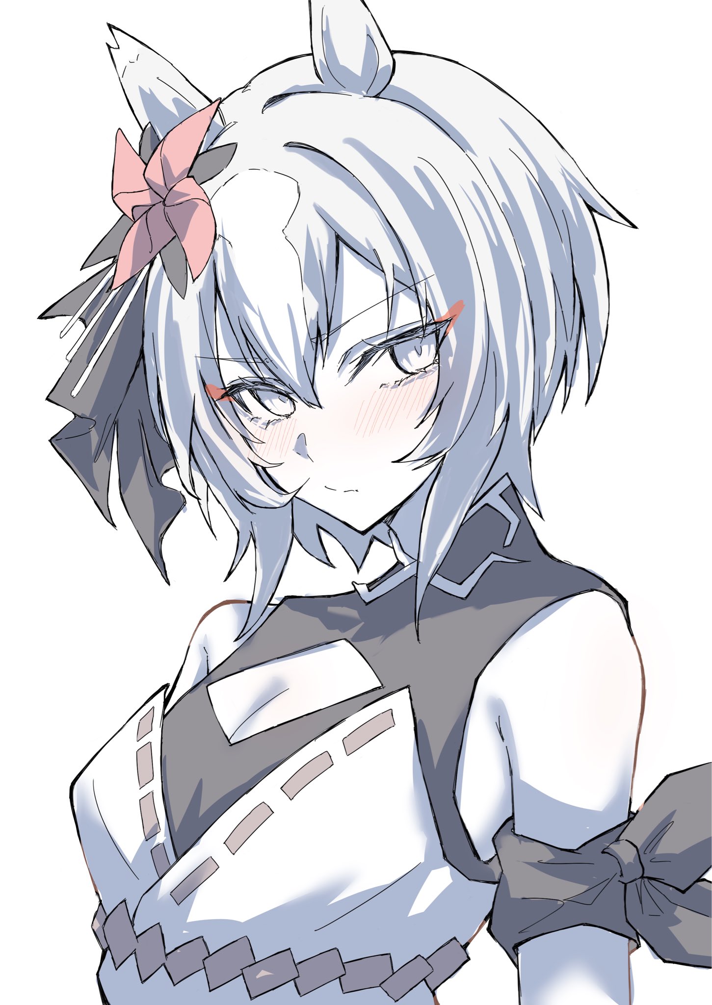alumina (kennmeidesu), yaeno muteki (attack of the four white meteors) (umamusume), yaeno muteki (umamusume), umamusume, umamusume: cinderella gray, highres, 1girl, animal ears, bare shoulders, breasts, cleavage, cleavage cutout, clothing cutout, ear ornament, hair between eyes, hair ornament, horse ears, horse girl, looking at viewer, multicolored hair, pinwheel, pinwheel hair ornament, short hair, sleeveless, streaked hair, white hair