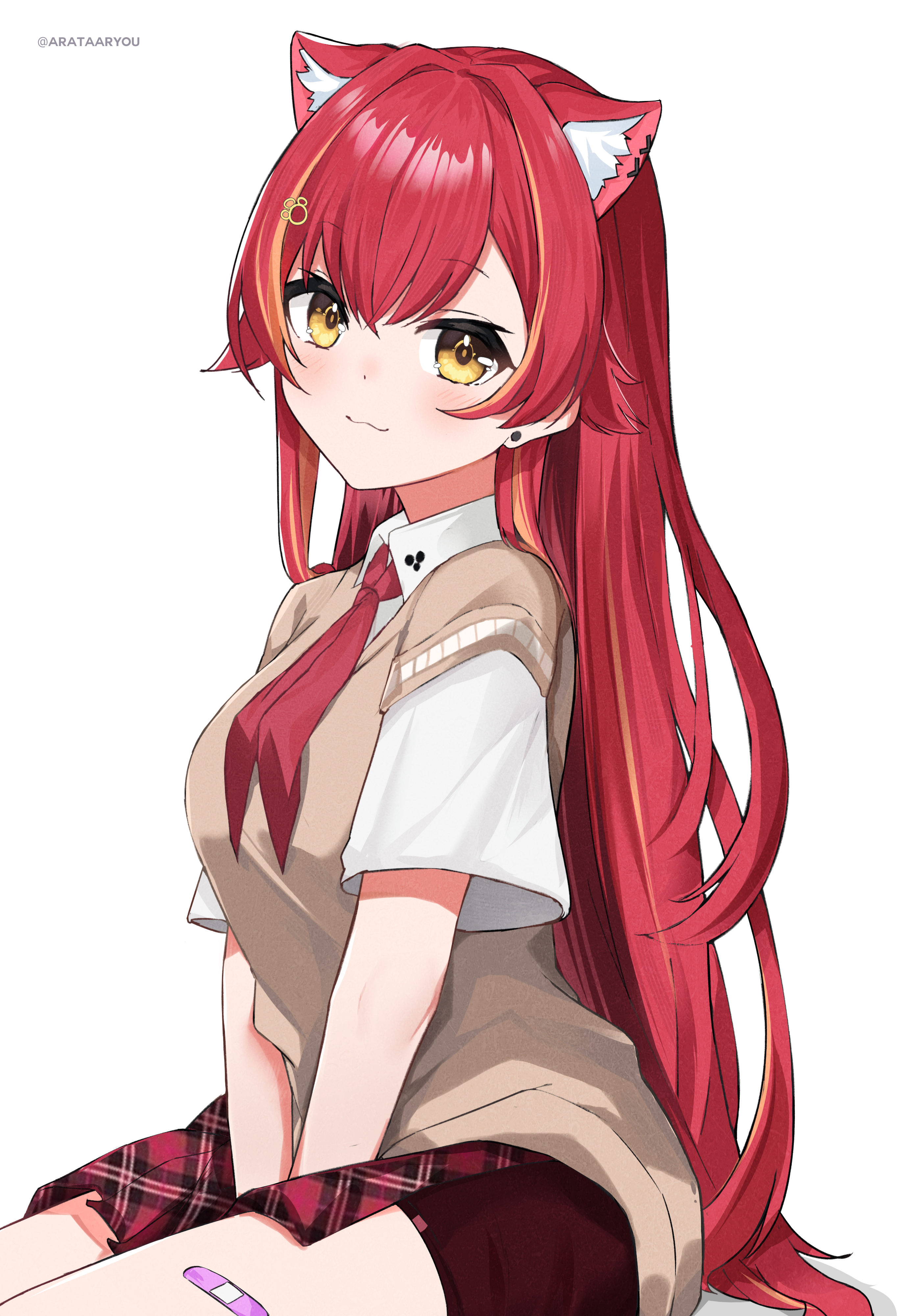 arata ryou, nekota tsuna, nekota tsuna (4th costume), vspo!, absurdres, highres, 1girl, :3, animal ear fluff, animal ears, artist name, bandaid, bandaid on leg, blush, brown sweater, cat ears, closed mouth, collared shirt, earrings, from side, hair intakes, hand between thighs, jewelry, long hair, looking at viewer, multicolored hair, neckerchief, orange streaks, paw hair ornament, plaid clothes, plaid skirt, red hair, red neckerchief, red skirt, school uniform, shirt, simple background, sitting, skirt, sleeveless, sleeveless sweater, solo, streaked hair, sweater, very long hair, virtual youtuber, white background, white shirt, yellow eyes