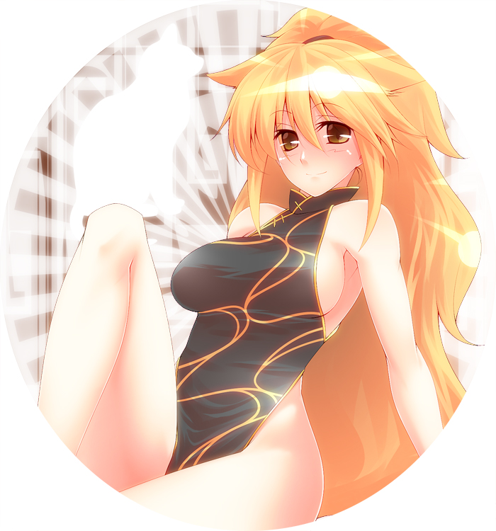 tro (trombe), bad id, bad pixiv id, character request, blonde hair, blush, breasts, brown eyes, china dress, chinese clothes, dress, large breasts, legs, long hair, sideboob, smile, solo
