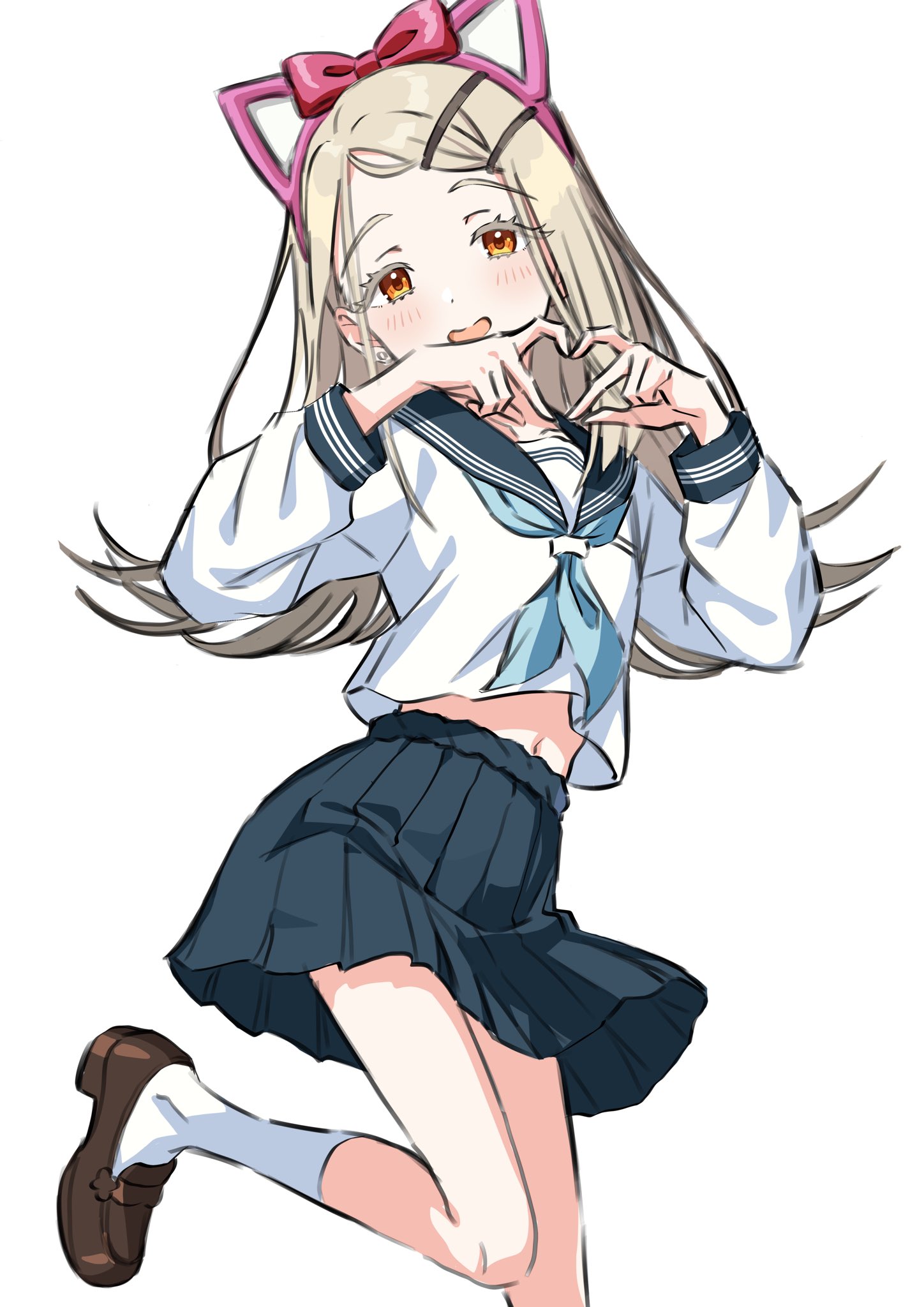kousuke0912, shinosawa hiro, gakuen idolmaster, idolmaster, highres, 1girl, animal ear hairband, animal ears, blonde hair, blue neckerchief, cat ear hairband, cat ears, colored eyelashes, fake animal ears, feet out of frame, hair ornament, hairband, hairpin, happy, heart, heart hands, leg up, long hair, navel, neckerchief, open mouth, orange eyes, pleated skirt, sailor collar, school uniform, serafuku, shoes, simple background, skirt, socks, solo, swept bangs, white background, white socks