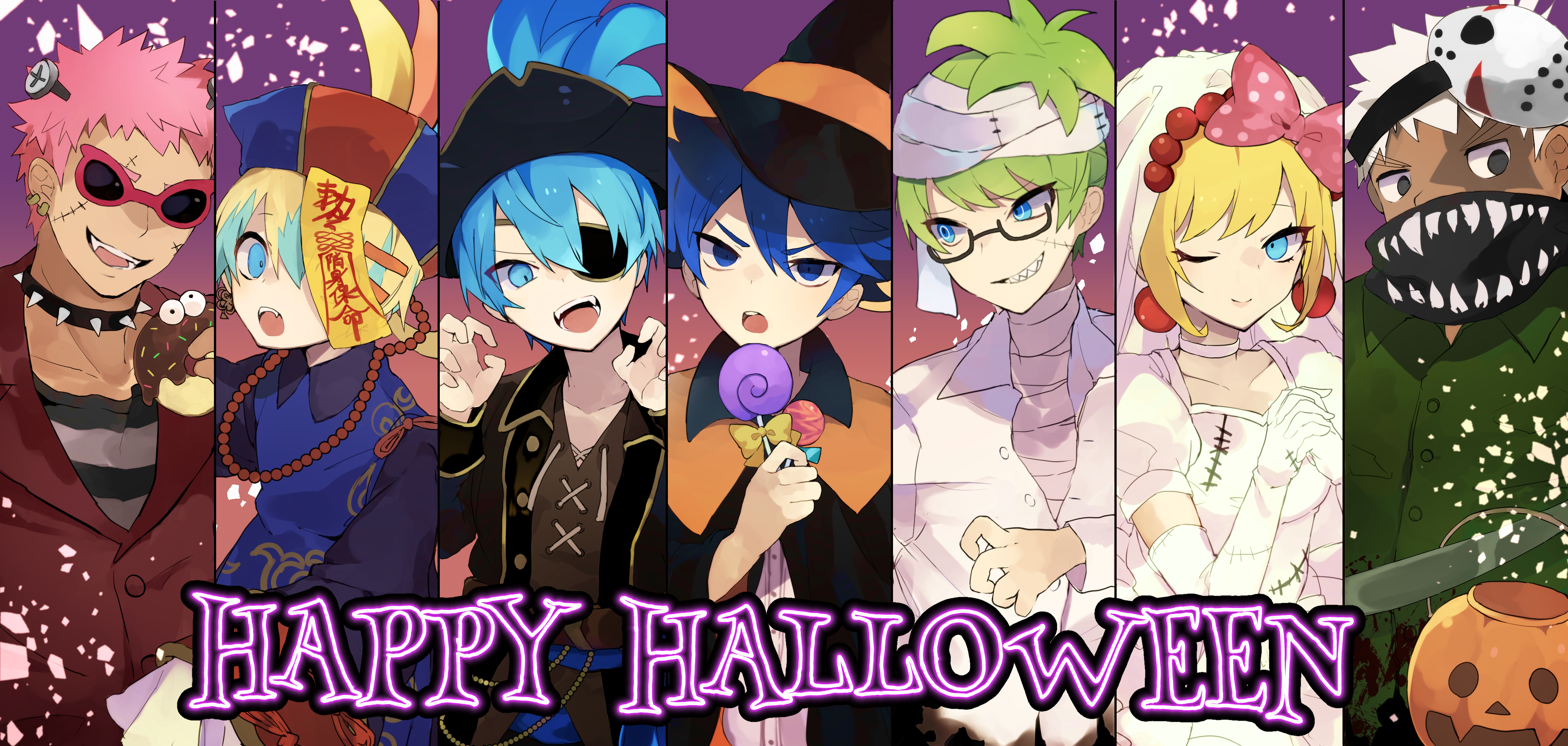 lzesmelt, iggy koopa, jason voorhees, koopalings, larry koopa, lemmy koopa, ludwig von koopa, morton koopa jr., roy koopa, wendy o. koopa, friday the 13th, mario (series), nintendo, absurdres, highres, 1girl, 6+boys, bandaged head, bandaged neck, bandaged torso, bandages, black eyes, blonde hair, blue eyes, blue hair, blue streaks, bridal veil, bride, c:, candy, choker, claw pose, collar, cosplay, dark-skinned male, dark skin, donut, dress, earrings, elbow gloves, eyepatch, fangs, food, glasses, gloves, green hair, green shirt, grin, hair between eyes, halloween costume, happy halloween, hat, hat feather, head tilt, holding, holding candy, holding food, holding lollipop, humanization, jacket, jason voorhees (cosplay), jewelry, jiangshi, jiangshi costume, lollipop, looking at another, looking at viewer, male focus, mask, mask on head, multiple boys, no pupils, one eye closed, partially unbuttoned, pearl earrings, pink-framed eyewear, pink hair, pirate, pirate hat, red jacket, scar, scar across eye, scar on face, semi-rimless eyewear, sharp teeth, shirt, short hair, smile, spiked collar, spikes, striped clothes, striped shirt, sunglasses, swirl lollipop, teeth, unworn mask, upper body, veil, white choker, white dress, white gloves, white hair, white shirt
