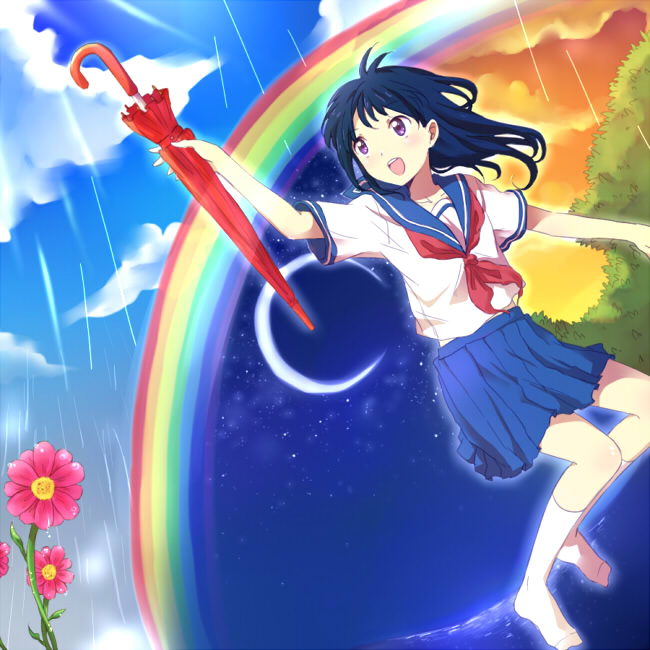 riru, bad id, bad pixiv id, 1girl, blue hair, blush, closed umbrella, cloud, female focus, flower, legs, long hair, night, purple eyes, rain, rainbow, school uniform, skirt, socks, solo, sunset, umbrella