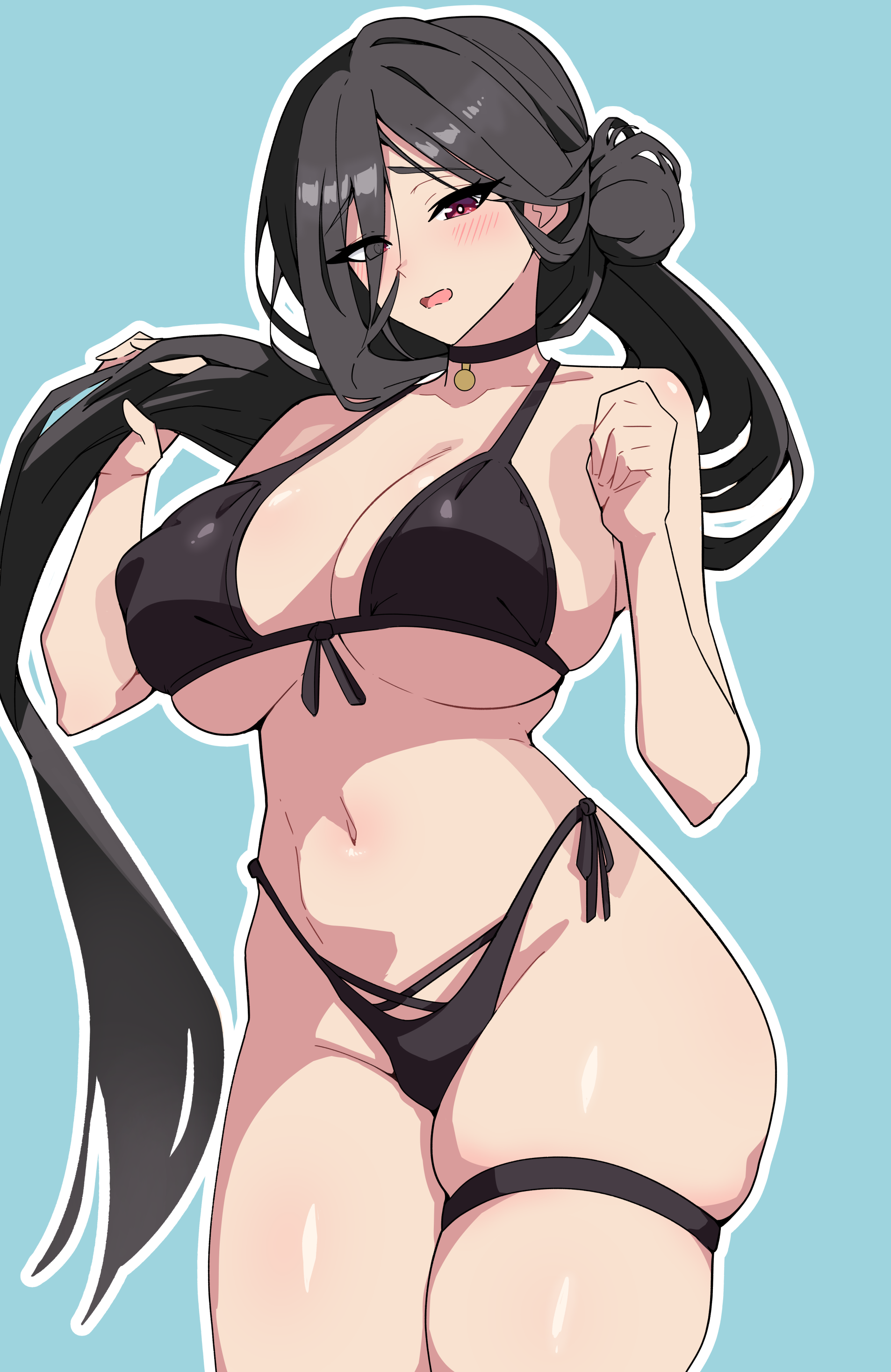 kuraido (kuraid draw), hasumi (blue archive), hasumi (swimsuit) (blue archive), blue archive, absurdres, commentary, english commentary, highres, 1girl, bikini, black bikini, black choker, black hair, blue background, breasts, choker, curvy, front-tie bikini top, front-tie top, hair between eyes, hair bun, highleg, highleg bikini, holding, holding own hair, large breasts, long hair, long hair between eyes, no halo, no wings, red eyes, side-tie bikini bottom, single hair bun, solo, standing, swimsuit, thigh strap