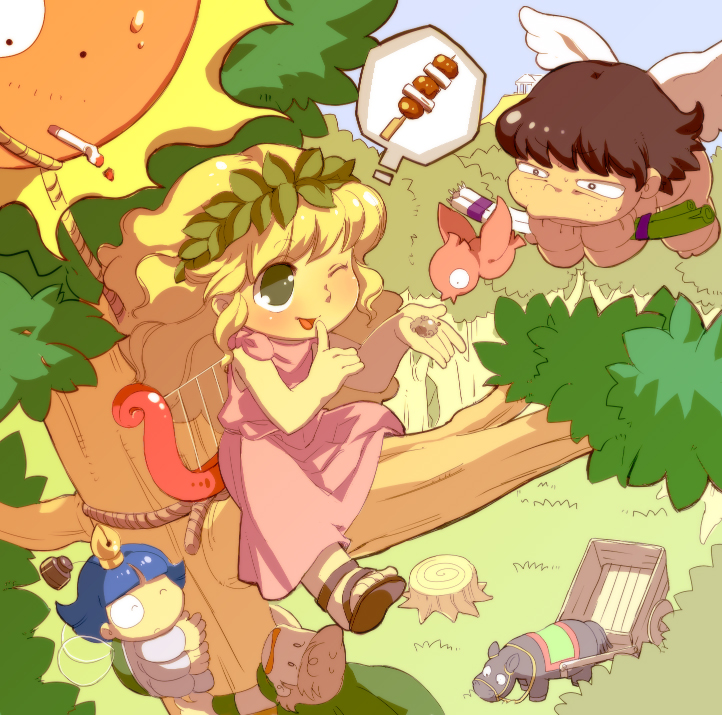 hayasaka mebawe, apollo (pollon), eros (pollon), narrator (pollon), pollon, sun (pollon), ochamegami monogatari korokoro pollon, 1girl, 3boys, animal, arp, blonde hair, blush, child, cigarette, harp, instrument, long hair, multiple boys, one eye closed, sun, tree, wink