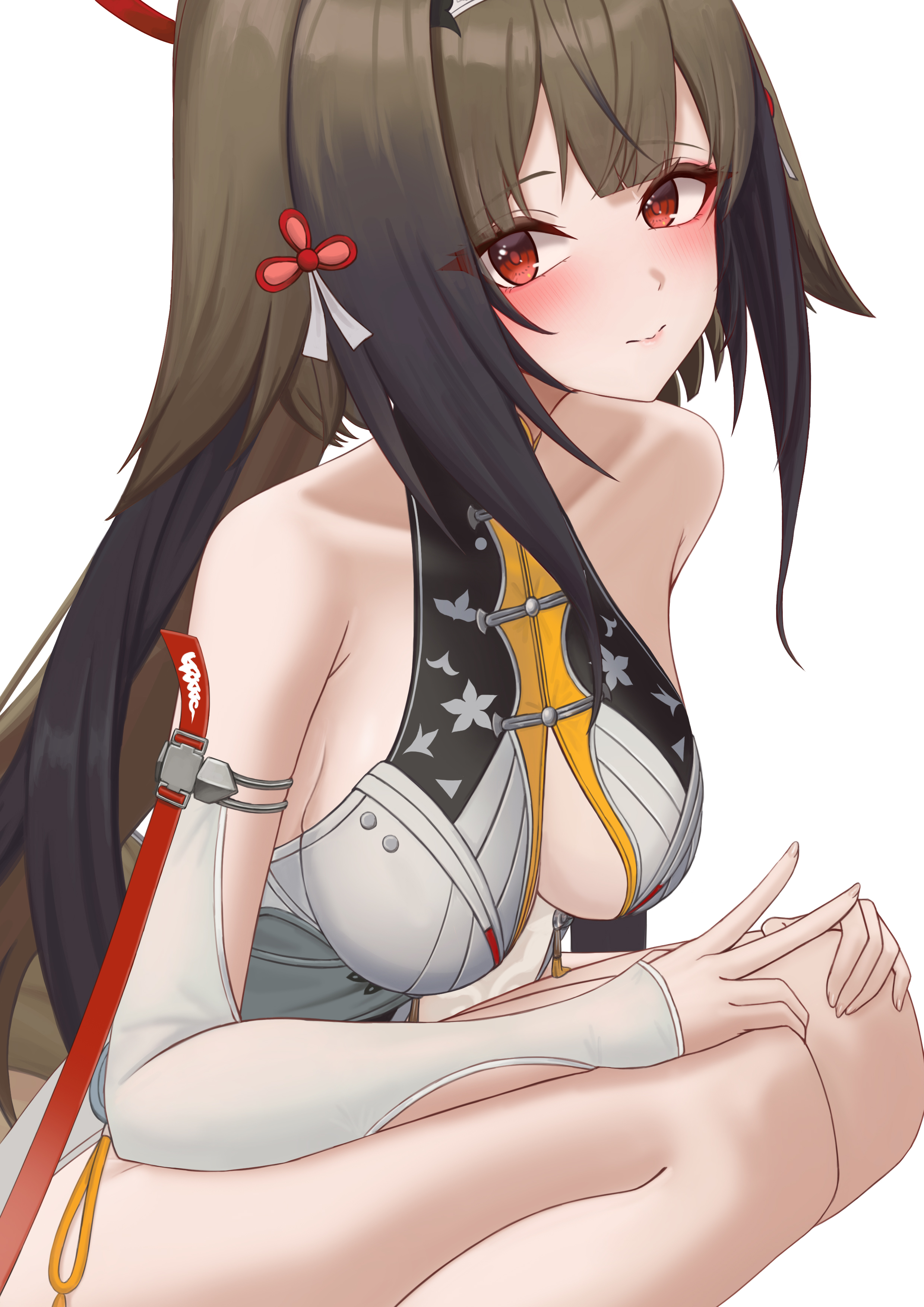 commonalty, ye shunguang, zenless zone zero, absurdres, highres, 1girl, blunt bangs, blush, breasts, brown hair, cleavage, closed mouth, long hair, looking at viewer, medium breasts, red eyes, shirt, sidelocks, sleeveless, sleeveless shirt, smile, solo, very long hair, white background, white shirt