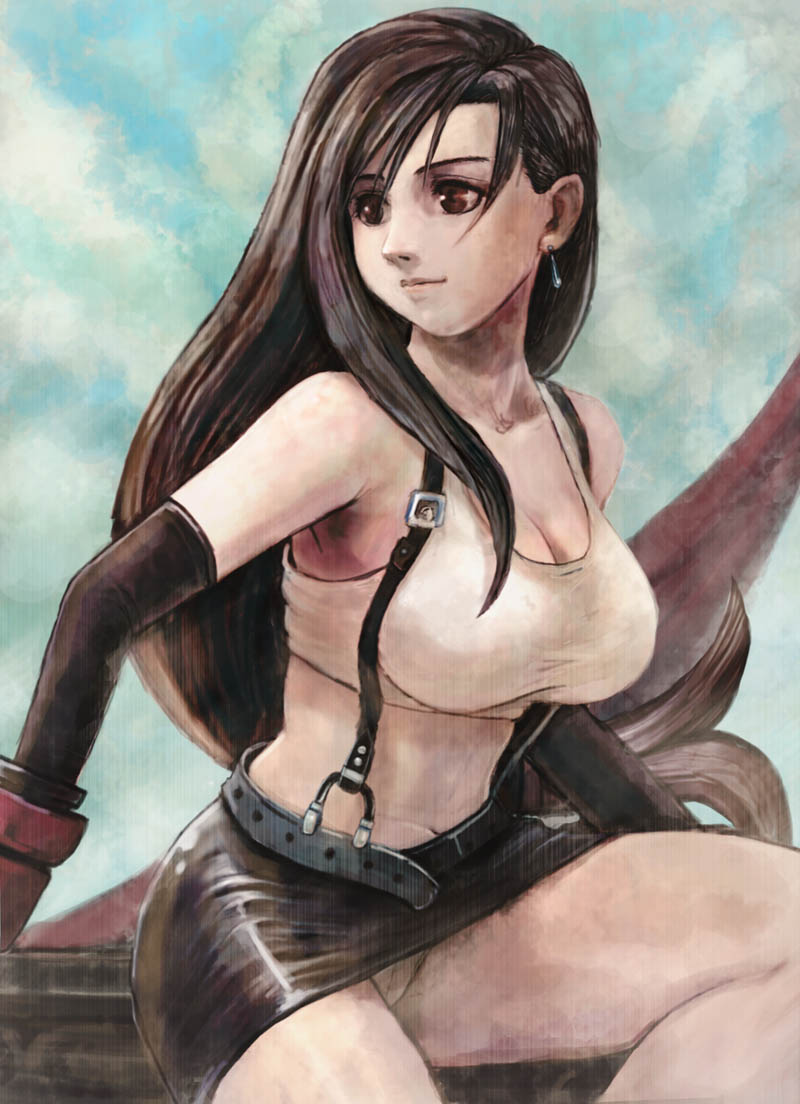 hamoto, tifa lockhart, final fantasy, final fantasy vii, bad id, bad pixiv id, 1990s (style), 1girl, belt, breasts, brown eyes, brown hair, cleavage, earrings, female focus, jewelry, large breasts, legs, long hair, midriff, miniskirt, panties, pantyshot, red eyes, retro artstyle, shirt, sitting, skirt, solo, suspender skirt, suspenders, taut clothes, taut shirt, thighs, underwear, upskirt, white panties