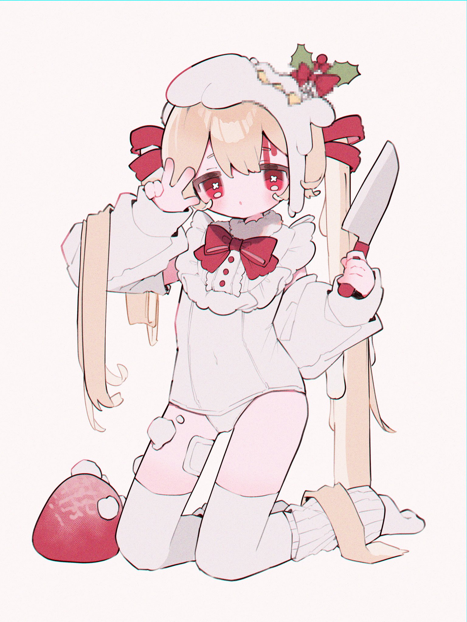 upa papa co, original, commentary, highres, 1girl, blonde hair, blush, bow, bowtie, censored, covered navel, detached sleeves, double-parted bangs, food, fruit, full body, hands up, hat, holding, holding knife, kneeling, knife, leg warmers, long hair, long sleeves, looking at viewer, mosaic censoring, no shoes, one-piece swimsuit, parted lips, red bow, red bowtie, red eyes, simple background, solo, strawberry, swimsuit, thighhighs, twintails, very long hair, w, white background, white hat, white one-piece swimsuit, white sleeves, white thighhighs