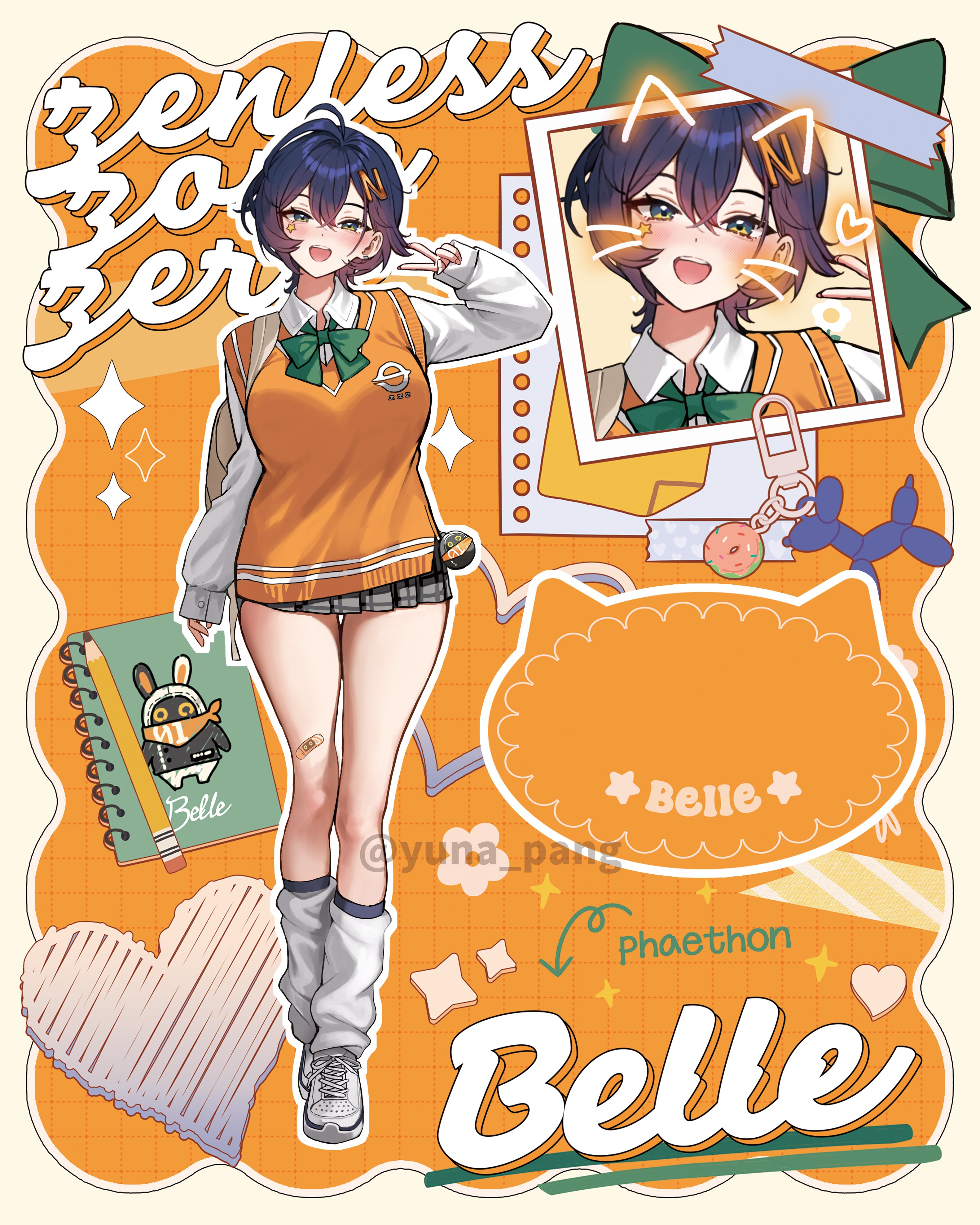 yuna (deadawon), bangboo (zenless zone zero), belle (zenless zone zero), eous (zenless zone zero), zenless zone zero, absurdres, highres, 1girl, ahoge, alternate costume, backpack, bag, bandage on knee, blue hair, bow, bowtie, breasts, character name, english text, facial mark, full body, green bow, green bowtie, hair ornament, kneehighs, large breasts, letter hair ornament, long sleeves, looking at viewer, loose socks, notebook, open mouth, orange sweater vest, pencil, photo (object), school uniform, shirt, shoes, short hair, socks, solo, standing, star (symbol), star facial mark, sweater vest, thigh gap, thighs, v, vest, white shirt, white shoes, white socks