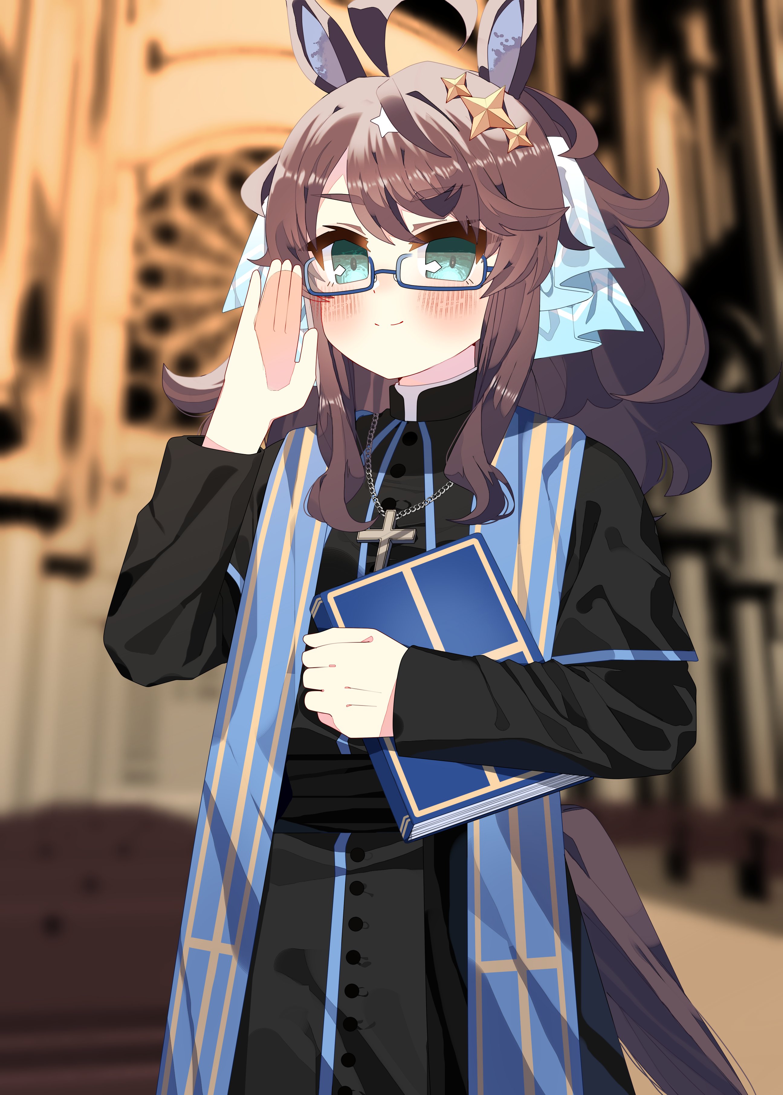 amane hikari, daring tact (umamusume), umamusume, absurdres, commentary request, commission, highres, skeb commission, 1girl, adjusting eyewear, ahoge, animal ears, bespectacled, blue eyes, blurry, blurry background, blush, book, breasts, cross, cross necklace, glasses, hair between eyes, hair ornament, horse ears, jewelry, looking at viewer, necklace, smile, star (symbol), star hair ornament