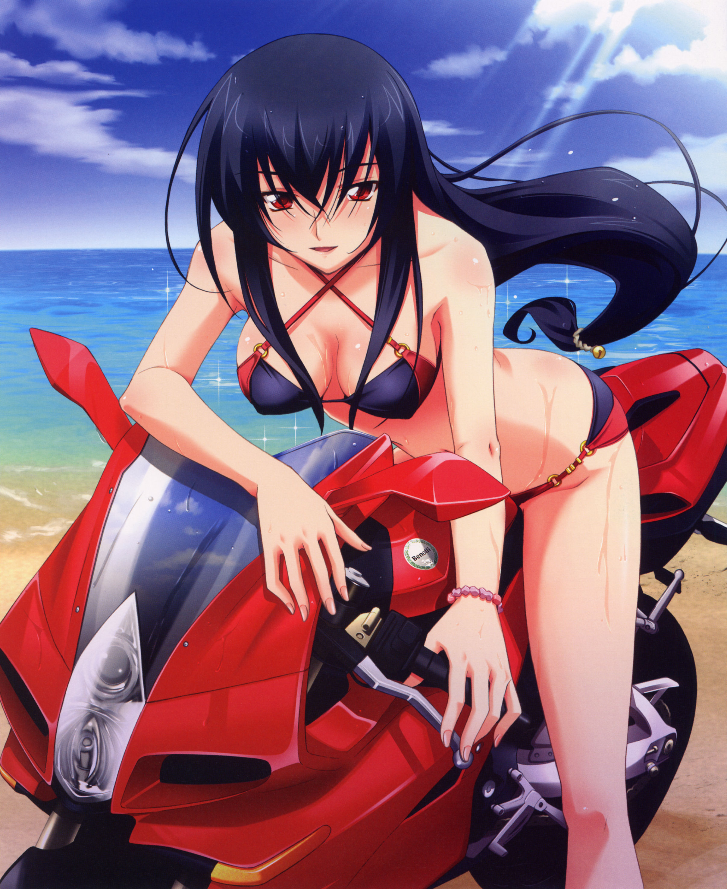 matsuo yukihiro, suzushiro rein, 5pb., memories off, memories off 6, vehicle, absurdres, highres, 1girl, beach, bell, bikini, black hair, blue hair, bracelet, breasts, cleavage, cloud, day, female focus, jewelry, leaning forward, long hair, medium breasts, motor vehicle, motorcycle, nail polish, outdoors, pink nails, ponytail, purple bikini, red eyes, sky, smile, solo, straddling, swimsuit, wet