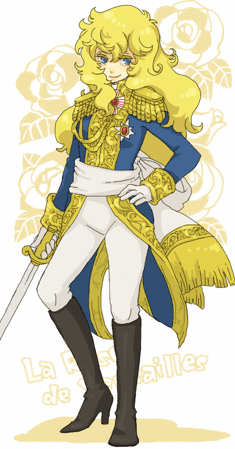 yukke, oscar francois de jarjayes, versailles no bara, 1970s (style), 1girl, androgynous, blonde hair, blue eyes, boots, female focus, long hair, oldschool, retro artstyle, reverse trap, solo, sword, weapon