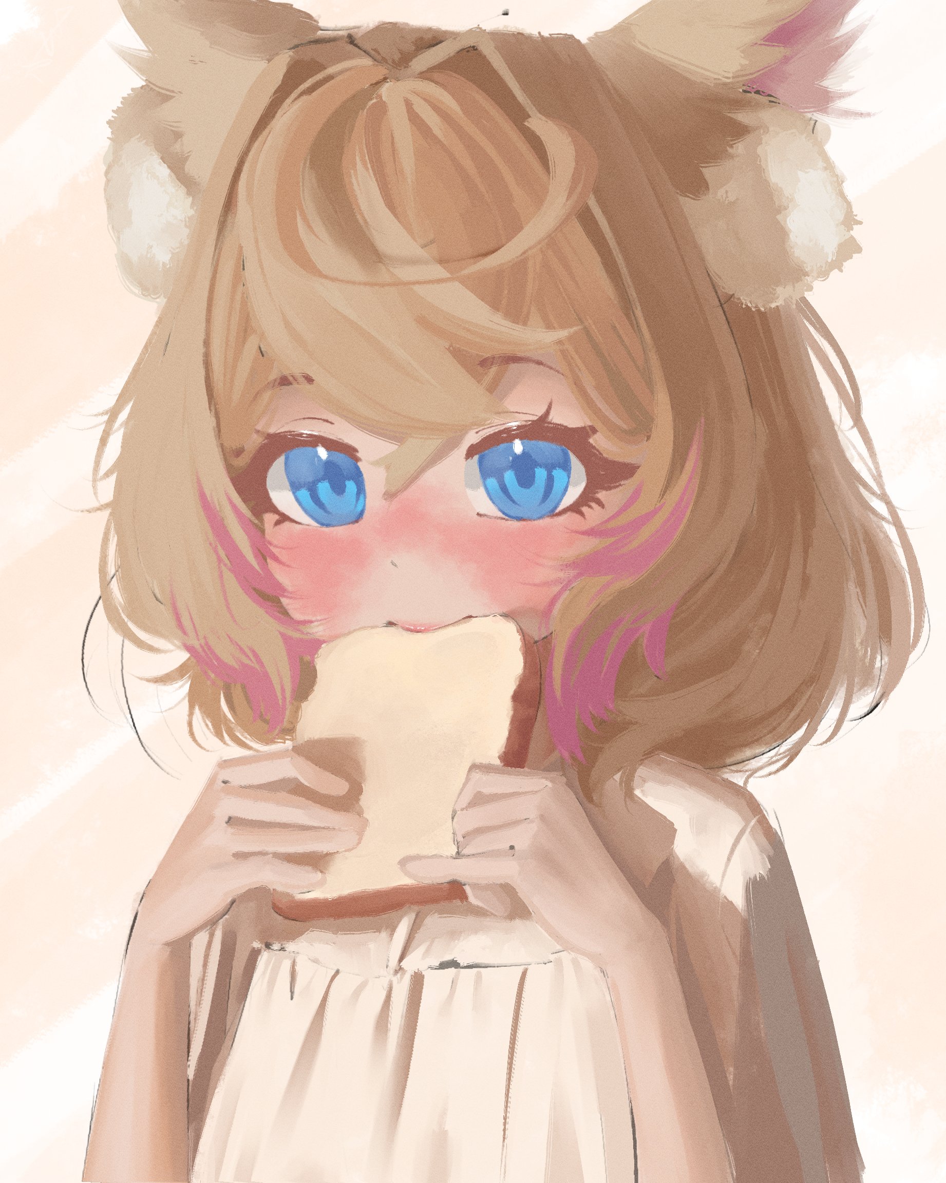 neilwa dayo, mococo abyssgard, hololive, hololive english, highres, 1girl, animal ears, blue eyes, blush, bread, bread slice, dog ears, dog girl, eating, fluffy, food, hair between eyes, holding, holding food, looking at viewer, pink streaks, short hair, simple background, solo, virtual youtuber