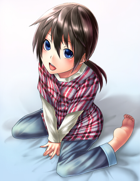 inuzuka bouru, bad id, bad pixiv id, barefoot, blue eyes, blush, brown hair, feet, kneeling, long hair, oekaki, pajamas, solo