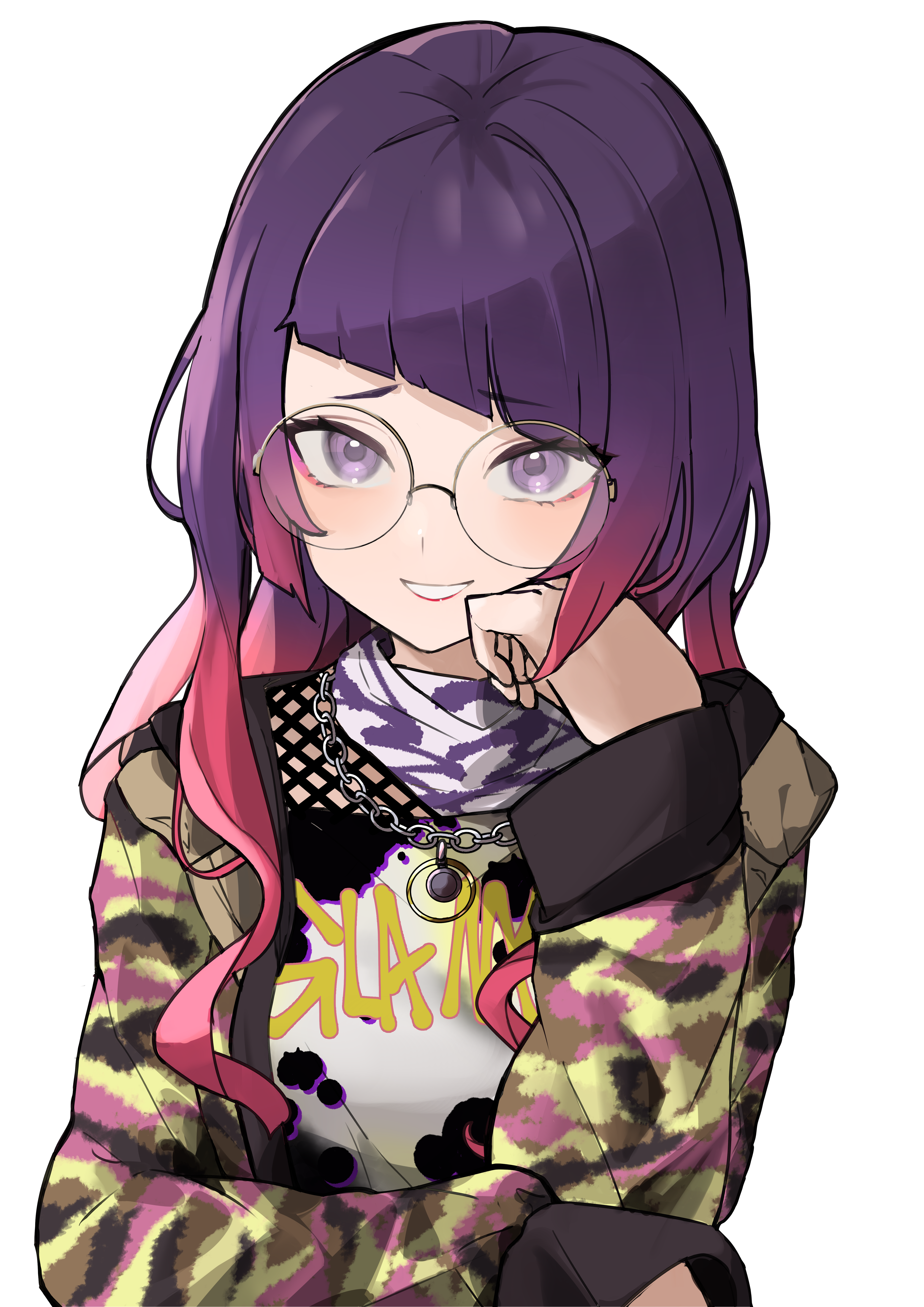 hijo (nakare2845), tanaka mamimi, idolmaster, idolmaster shiny colors, absurdres, commentary request, highres, 1girl, blunt bangs, camouflage, camouflage jacket, chain, chain necklace, clothes writing, colored tips, diagonal bangs, eyelashes, fishnets, glasses, hand on own face, head rest, jacket, jewelry, long hair, long sleeves, multicolored hair, multicolored jacket, necklace, open clothes, open jacket, pink hair, purple eyes, purple hair, round eyewear, shirt, simple background, smile, solo, splatter print, upper body, white background