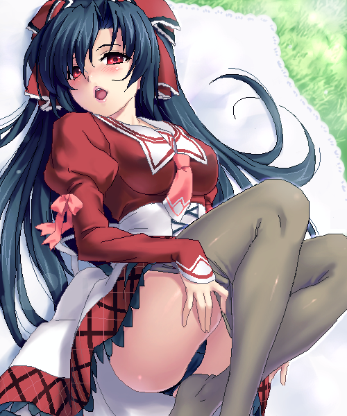 zen, kuroshiba kanae, kusakabe misao (11eyes), 11eyes, 00s, 1girl, blue hair, blush, female focus, hair ornament, hair ribbon, lipstick, long hair, long legs, lying, makeup, necktie, oekaki, panties, plaid clothes, plaid skirt, red eyes, ribbon, skirt, solo, thighhighs, underwear, very long hair