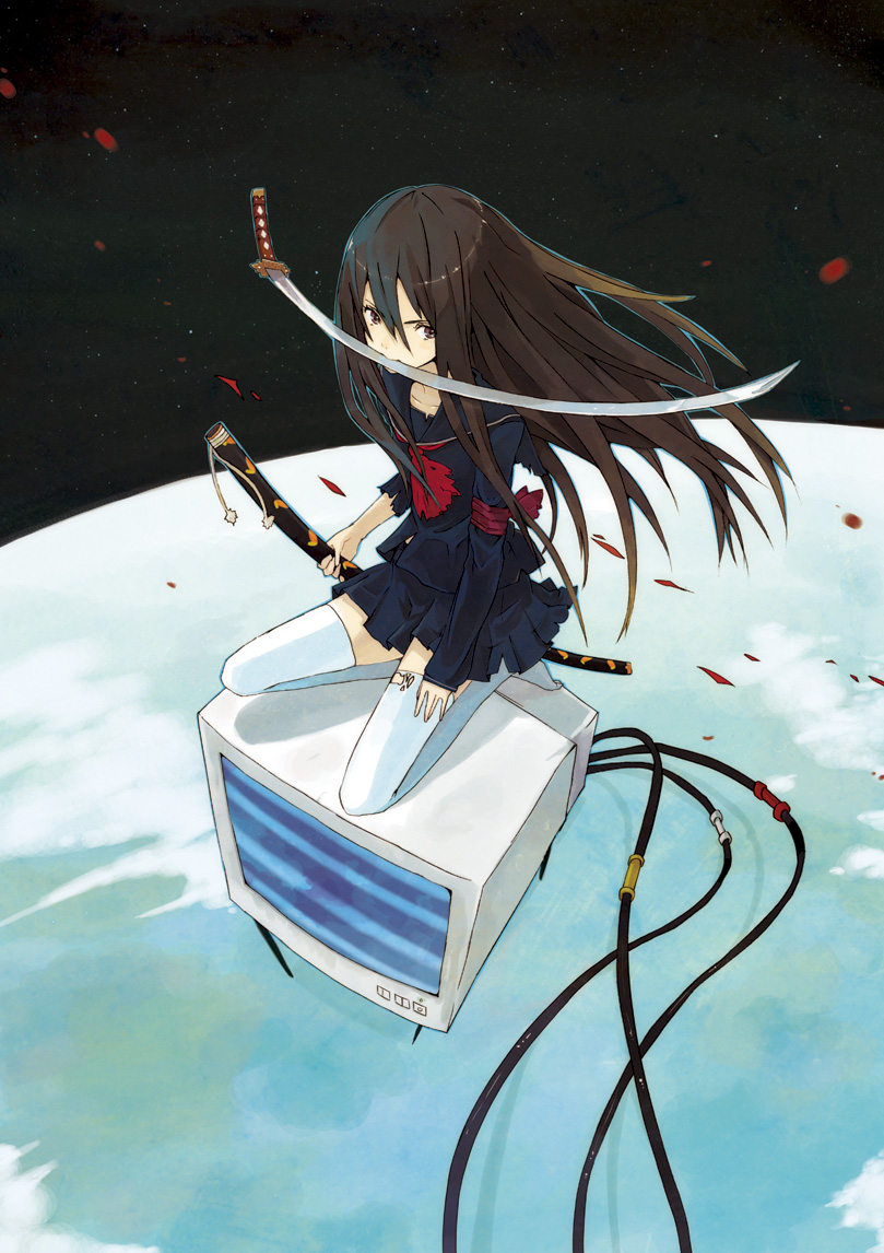 hrd, original, bandages, brown hair, cable, computer, crt, earth (planet), katana, kneeling, long hair, monitor, mouth hold, planet, school uniform, sheath, skirt, sword, thighhighs, torn clothes, weapon, white thighhighs