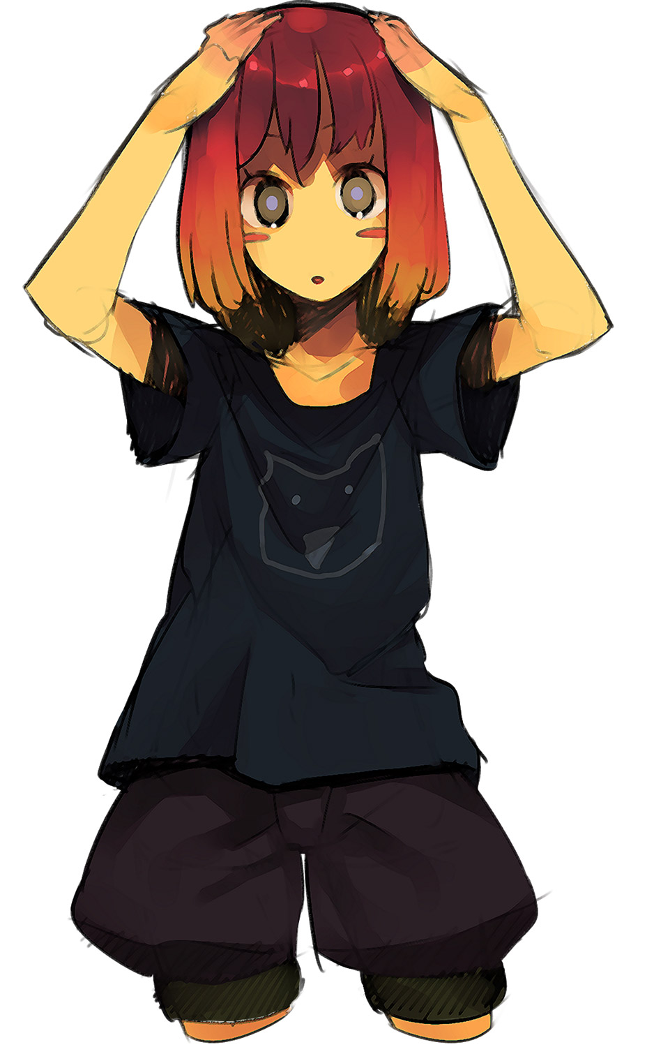 hama (22ji kara 24ji), original, highres, 1girl, :o, baggy pants, blush, blush stickers, cowboy shot, cropped legs, female focus, hands on own head, pants, red hair, shirt, short hair, sketch, solo, t-shirt