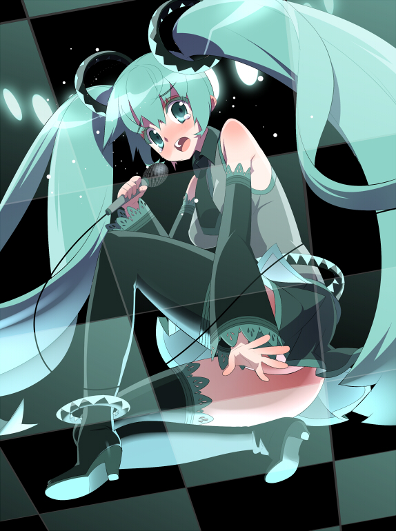 tensugi takashi, hatsune miku, vocaloid, bad id, bad pixiv id, 1girl, blue eyes, blue hair, blush, detached sleeves, embarrassed, female focus, long hair, matching hair/eyes, microphone, necktie, panties, pantyshot, skirt, solo, squatting, tears, thighhighs, twintails, underwear, very long hair