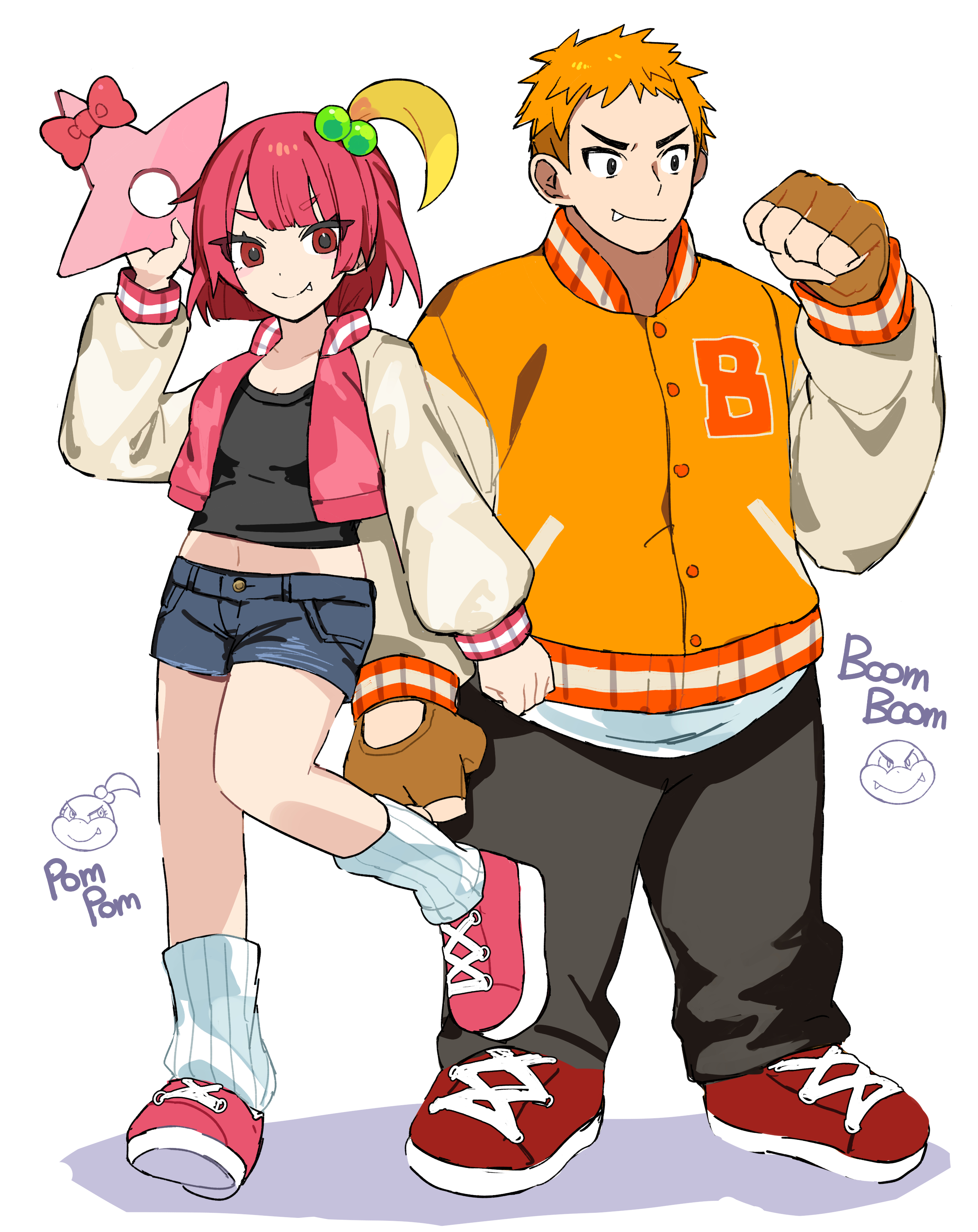 lzesmelt, boom boom, pom pom (mario), mario (series), nintendo, absurdres, highres, 1boy, 1girl, black pants, black shirt, blonde hair, blunt bangs, bob cut, brown gloves, crop top, cropped jacket, denim, denim shorts, fang, fingerless gloves, full body, gloves, humanization, jacket, leg warmers, letterman jacket, looking ahead, multicolored hair, multicolored jacket, orange hair, orange jacket, pants, pink hair, pink jacket, pink shoes, red shoes, shirt, shoes, short hair, shorts, shuriken, side ponytail, smile, sneakers, two-tone hair, two-tone jacket, weapon, white jacket, white leg warmers