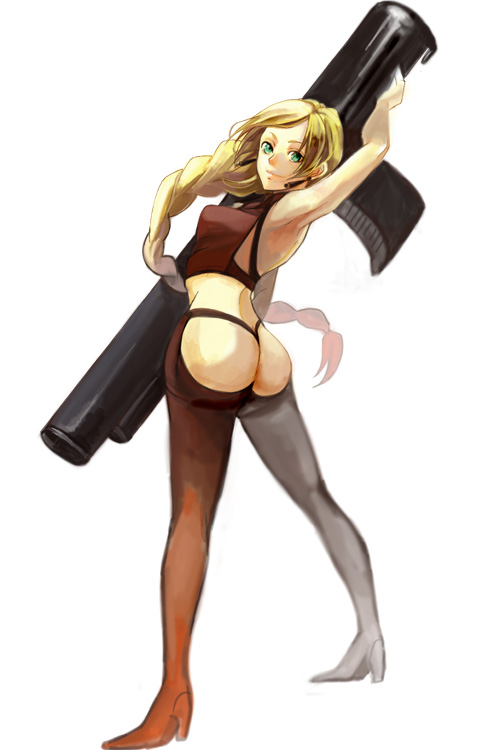 shoko makiko, original, bad id, bad pixiv id, armpits, ass, blonde hair, braid, huge weapon, long hair, looking back, panties, solo, thong, underwear, weapon