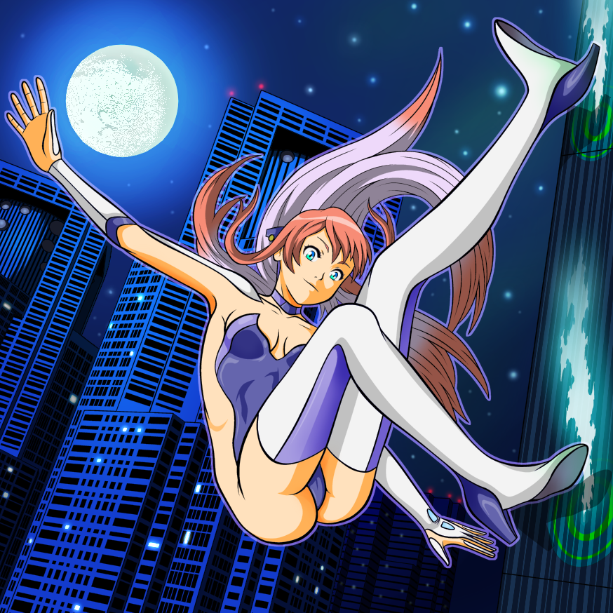 nike (0306), birdy cephon altera, tetsuwan birdy, 1girl, ass, blue eyes, bodysuit, falling, female focus, legs, leotard, long hair, multicolored hair, solo, thigh gap, thighhighs