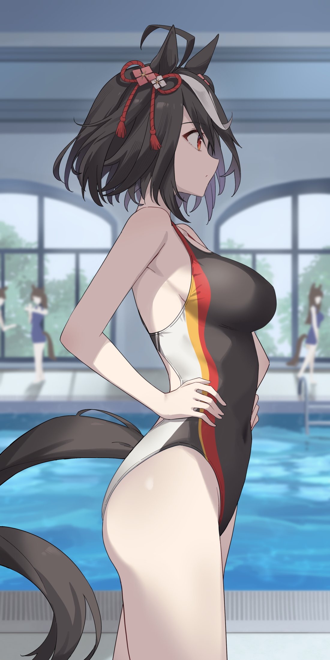 profnote, kitasan black (umamusume), umamusume, highres, 4girls, ahoge, animal ears, black hair, black one-piece swimsuit, competition swimsuit, hands on own hips, horse ears, horse girl, horse tail, indoors, kouhaku nawa, multicolored hair, multicolored swimsuit, multiple girls, one-piece swimsuit, pool, red eyes, rope, shimenawa, solo focus, streaked hair, swimsuit, tail