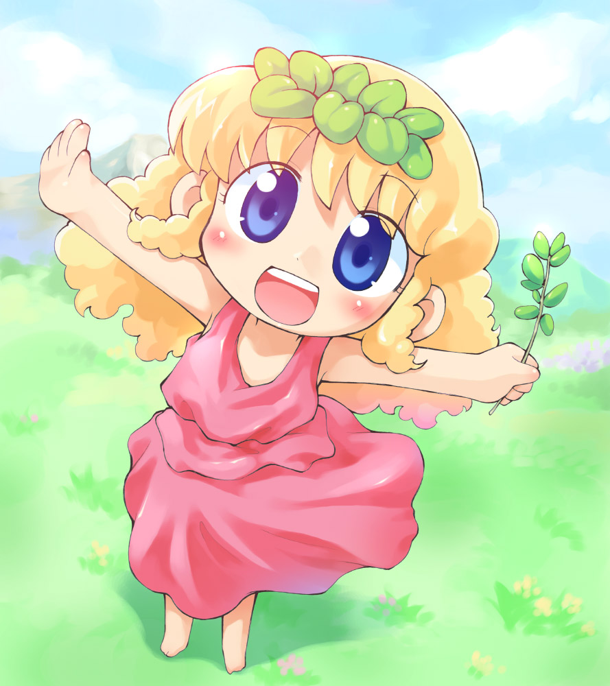sakurabe notos, pollon, ochamegami monogatari korokoro pollon, barefoot, blonde hair, blue eyes, blush, chibi, child, happy, long hair