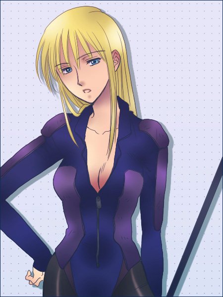 cain highwind, dragoon (final fantasy), final fantasy, final fantasy iv, gender request, 1990s (style), blonde hair, blue eyes, bodysuit, breasts, cleavage, genderswap, long hair