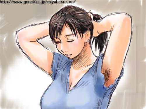 lowres, 1girl, armpit hair, armpits, arms behind head, arms up, black hair, blue shirt, breasts, cleavage, closed eyes, female focus, ponytail, shirt, solo, sweat, sweat stain, upper body, v-neck, watermark