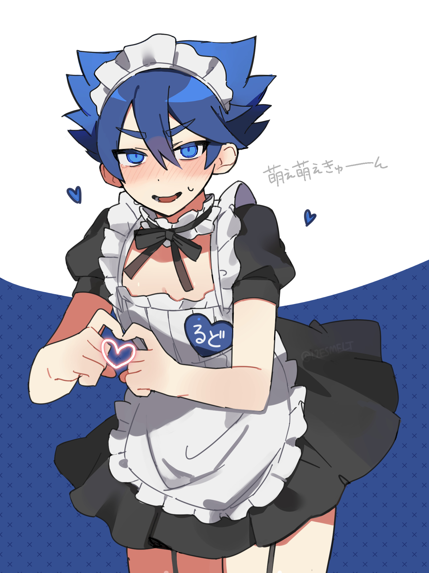 lzesmelt, ludwig von koopa, mario (series), nintendo, highres, translation request, 1boy, apron, blue eyes, blue hair, blush, choker, cowboy shot, crossdressing, crossdressing (mtf), frilled choker, frills, furrowed brow, garter straps, heart, heart hands, humanization, looking at viewer, maid, maid apron, maid headdress, male focus, male maid, pectoral cleavage, pectorals, puffy sleeves, ribbon choker, smile, solo, sweat, tearing up