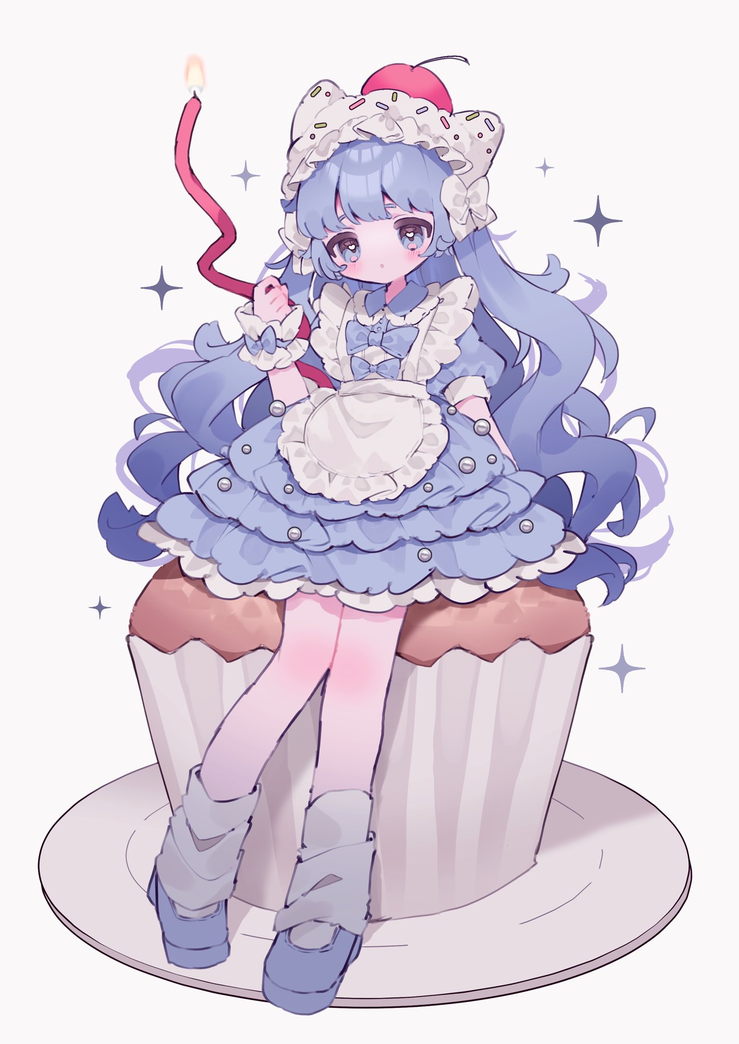 upa papa co, original, commentary, highres, symbol-only commentary, 1girl, apron, blue bow, blue bowtie, blue dress, blue eyes, blue hair, blue shoes, blush, bow, bowtie, cherry, cupcake, dress, food, frilled apron, frilled dress, frilled wrist cuffs, frills, fruit, full body, hair bow, hand up, hat, long hair, parted lips, shoes, short sleeves, simple background, sitting, socks, solo, sparkle, white apron, white background, white hat, white socks, wrist cuffs