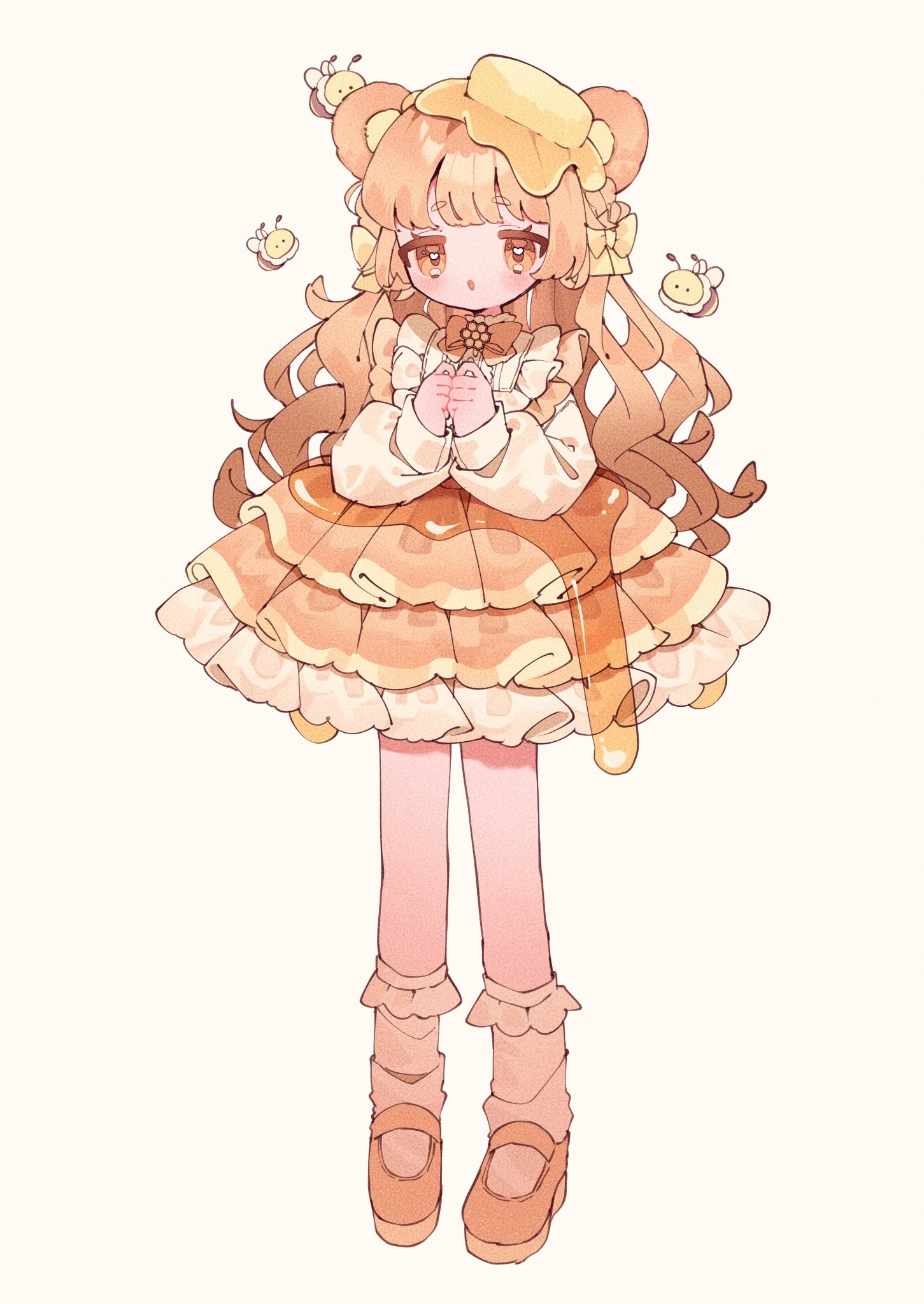 upa papa co, original, commentary, english commentary, highres, 1girl, animal ears, bear ears, bear girl, bee, blunt bangs, blush, bow, bowtie, bug, butter, food, frilled skirt, frilled socks, frills, full body, hair bow, honey, insect, long hair, long sleeves, open mouth, orange bow, orange bowtie, orange eyes, orange hair, orange skirt, own hands together, shirt, shoes, simple background, skirt, socks, solo, standing, white background, white socks, yellow bow, yellow shirt, yellow shoes