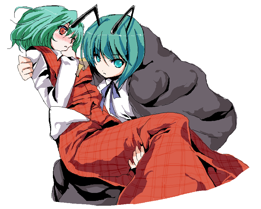 atoshi, kazami yuuka, wriggle nightbug, touhou, bad id, bad pixiv id, 2girls, androgynous, antennae, ascot, blush, bride carrying, cape, carrying, female focus, green eyes, green hair, multiple girls, plaid clothes, plaid skirt, plaid vest, princess carry, red eyes, reverse trap, short hair, skirt, skirt set, vest