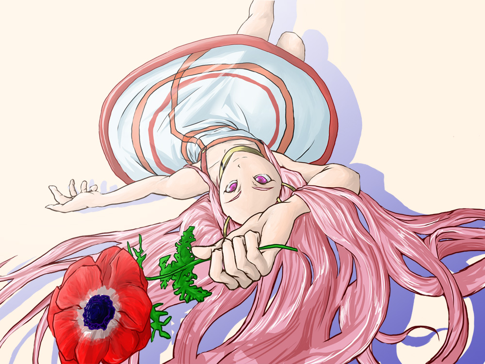 s040784, anemone (eureka seven), eureka seven, eureka seven (series), 00s, 1girl, anemone (flower), female focus, flower, long hair, name connection, object namesake, pink hair, purple eyes, reaching, reaching towards viewer, solo, upside-down
