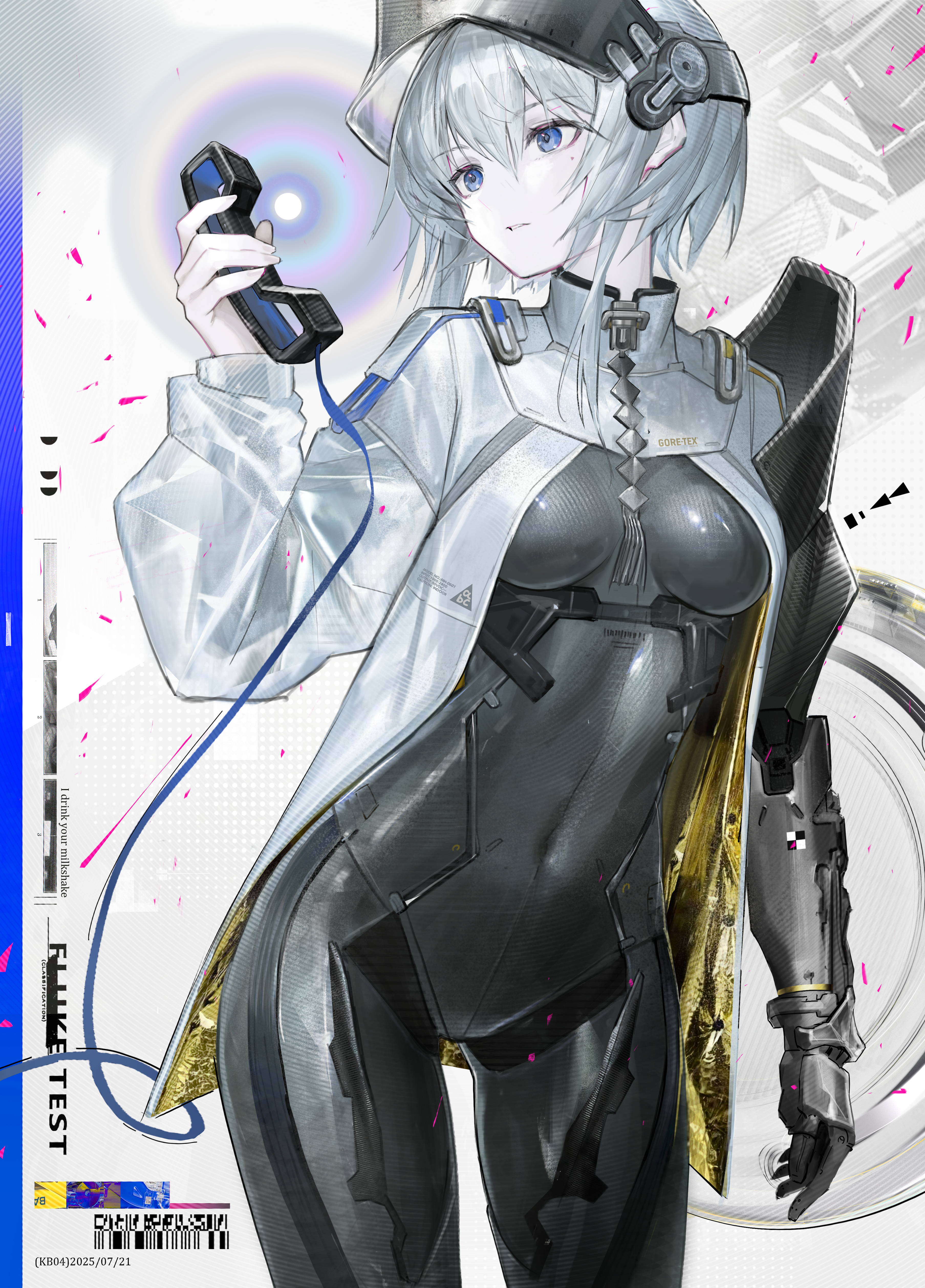 nerok, original, absurdres, highres, 1girl, blue eyes, fantasy, grey hair, looking to the side, metal gloves, metal skin, mole, mole under eye, navel, open mouth, phone, science fiction, short hair, solo, white hair