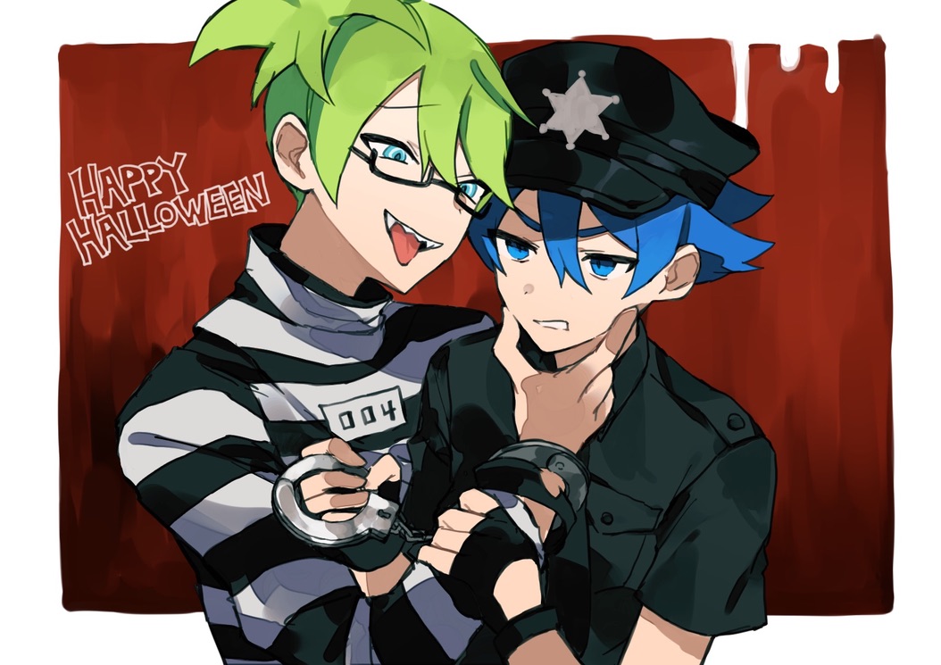 lzesmelt, iggy koopa, ludwig von koopa, mario (series), nintendo, 2boys, black shirt, blue eyes, blue hair, cuffs, eye contact, fingerless gloves, gloves, green hair, hair between eyes, hand on another's face, handcuffs, happy halloween, hat, inseki, looking at another, male focus, multiple boys, police, police hat, police uniform, prison clothes, semi-rimless eyewear, sharp teeth, shirt, striped clothes, striped shirt, teeth, tongue, tongue out, upper body, yaoi