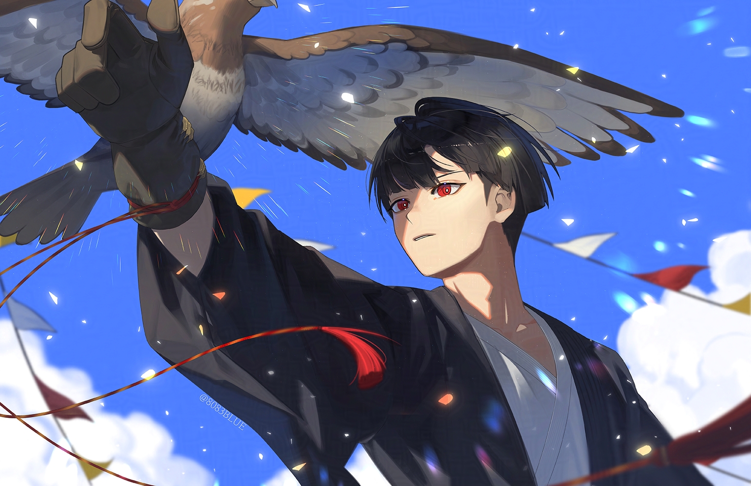 8083 blue, hoshina soshiro, kaijuu no. 8, commentary, 1boy, animal on arm, bird, bird on arm, black hair, blue sky, brown gloves, gloves, hawk, japanese clothes, looking to the side, male focus, parted lips, red eyes, ringed eyes, short hair, sky, solo, string of flags, tassel