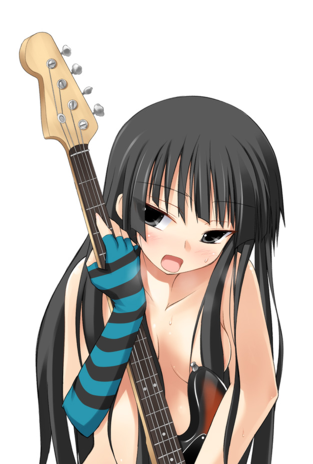 safi, akiyama mio, don't say "lazy", k-on!, 00s, 1girl, bass guitar, breasts, censored, convenient censoring, eyes visible through hair, female focus, gloves, guitar, hair censor, hair over breasts, instrument, long hair, naughty face, nude, simple background, small breasts, solo, striped clothes, striped gloves, sweat, white background
