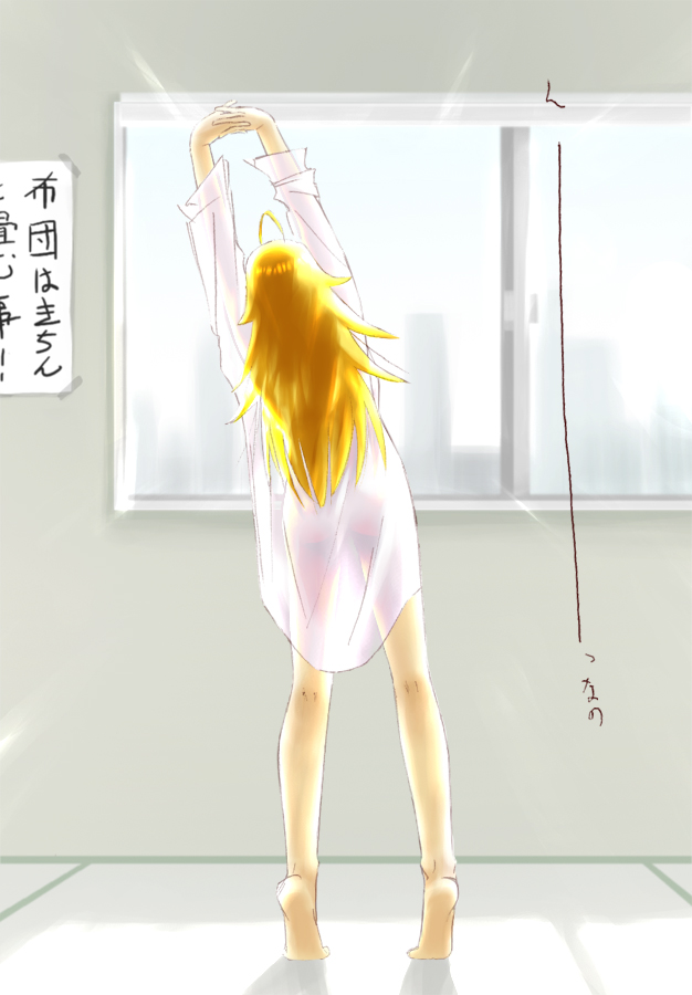 hidepapa, hoshii miki, idolmaster, idolmaster (classic), idolmaster 1, 00s, 1girl, barefoot, feet, female focus, full body, indoors, naked shirt, see-through clothes, shirt, sketch, solo, stretching, window